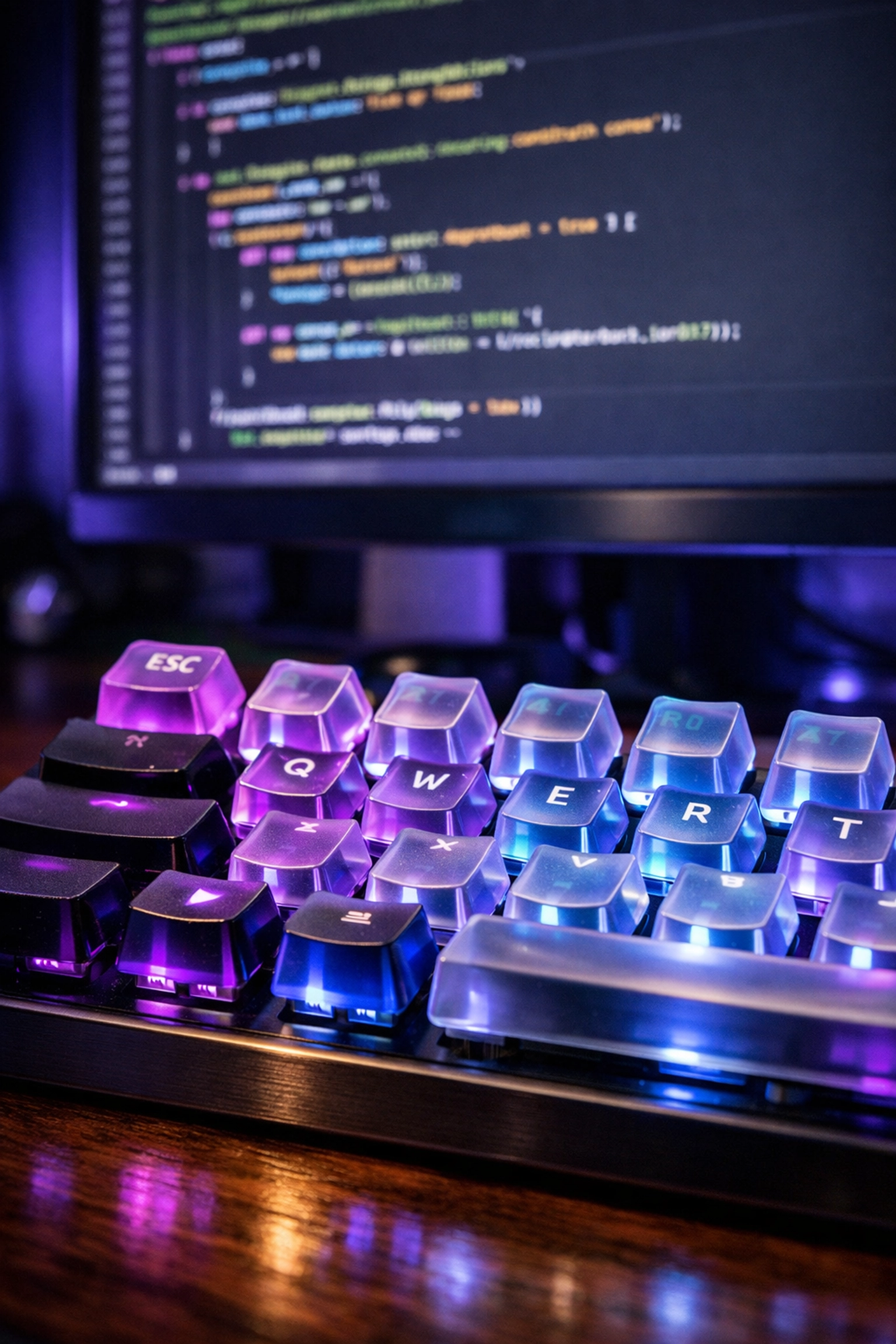 Close-up of a backlit keyboard and screen with code illustrating high-quality technical content creation.
