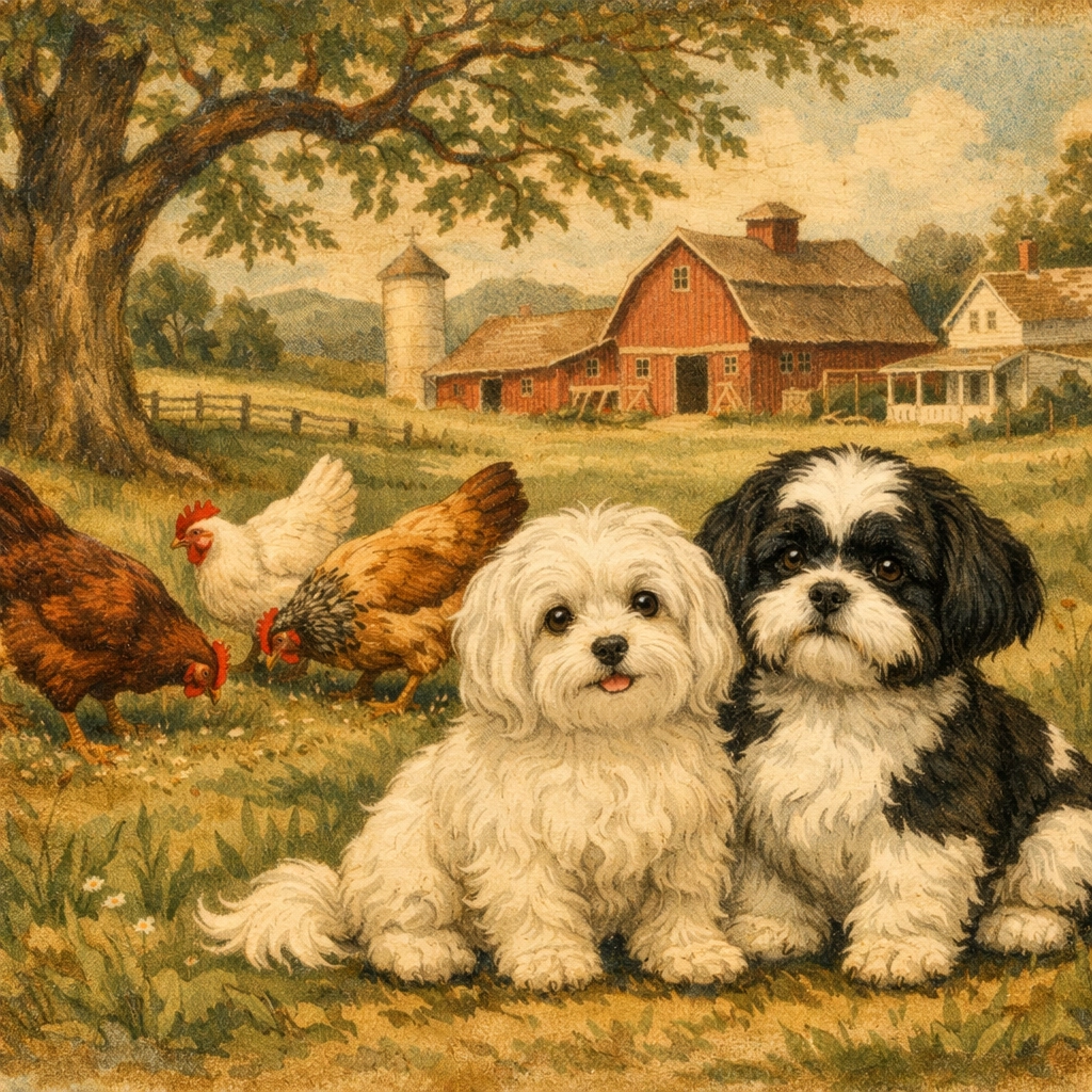 A Maltese dog, a Shih Tzu, and four hens resting together in a peaceful green farm pasture.