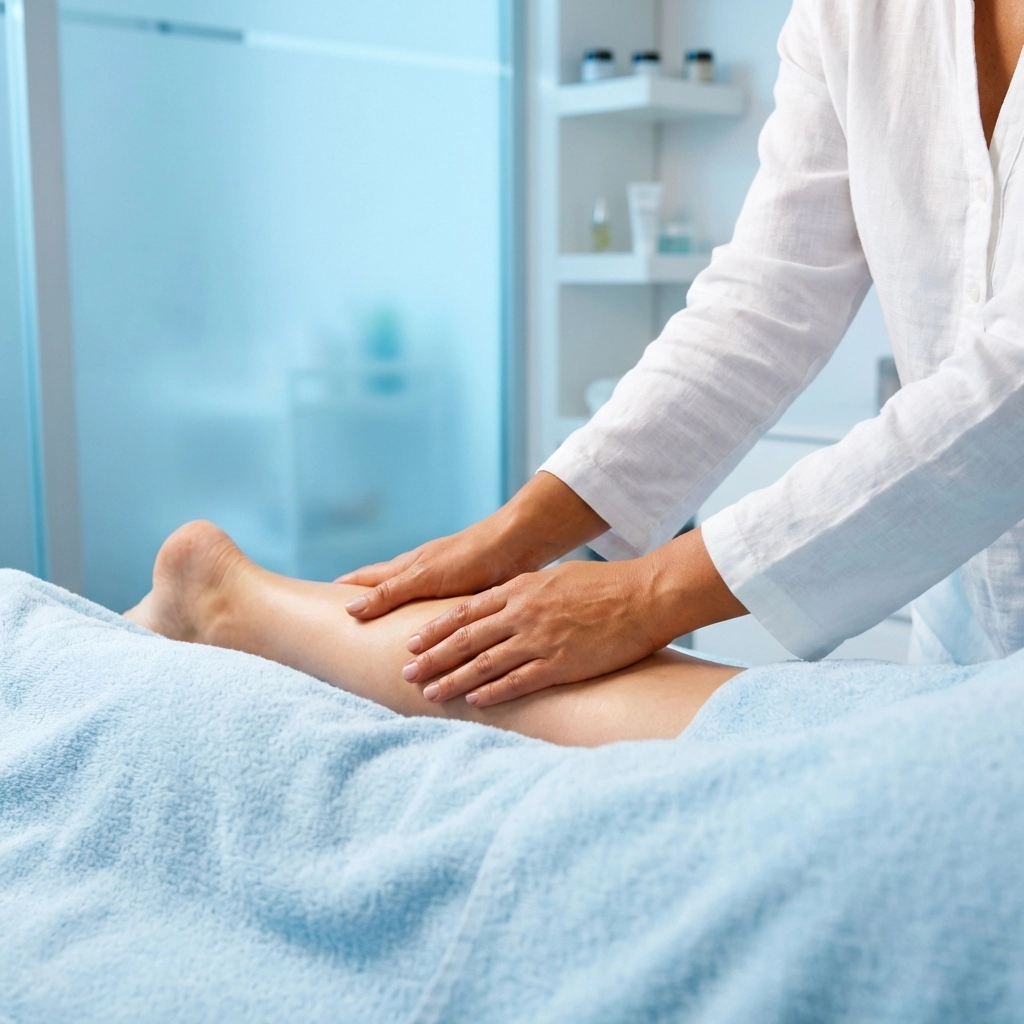 Massage therapist performing lymphatic drainage massage on a patient's leg after surgery in Los Angeles clinic