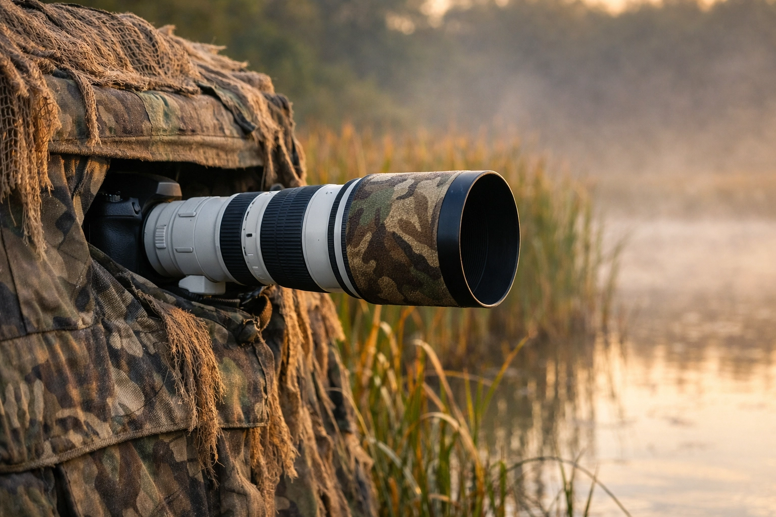 Professional telephoto camera lens in a wildlife blind at dawn, representing high-quality stock photography production.