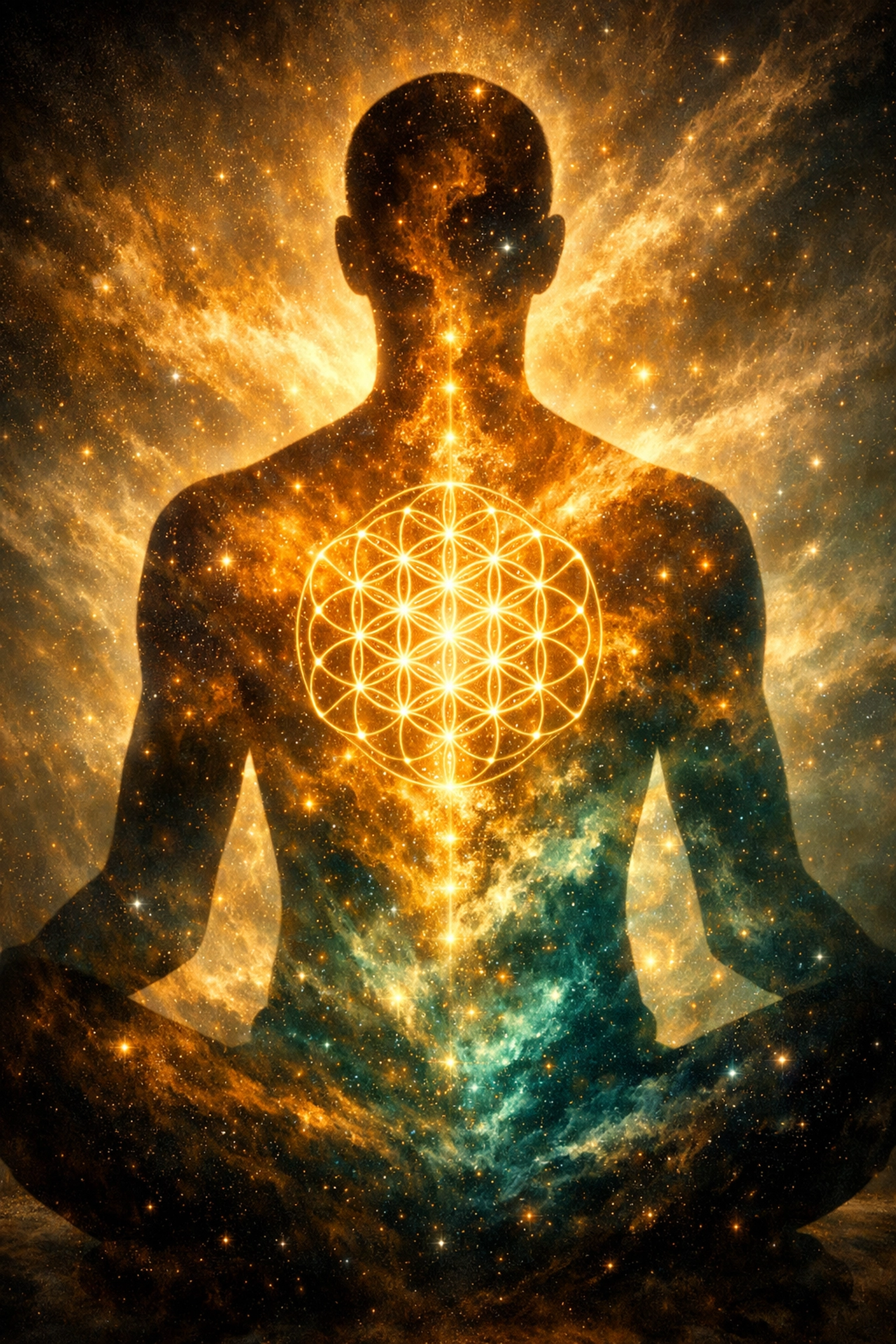 Silhouette with a cosmic nebula and geometric patterns representing biological regulation.