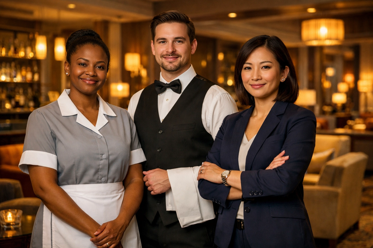 A unified team of hospitality professionals including housekeeping and event staff in a hotel lounge.