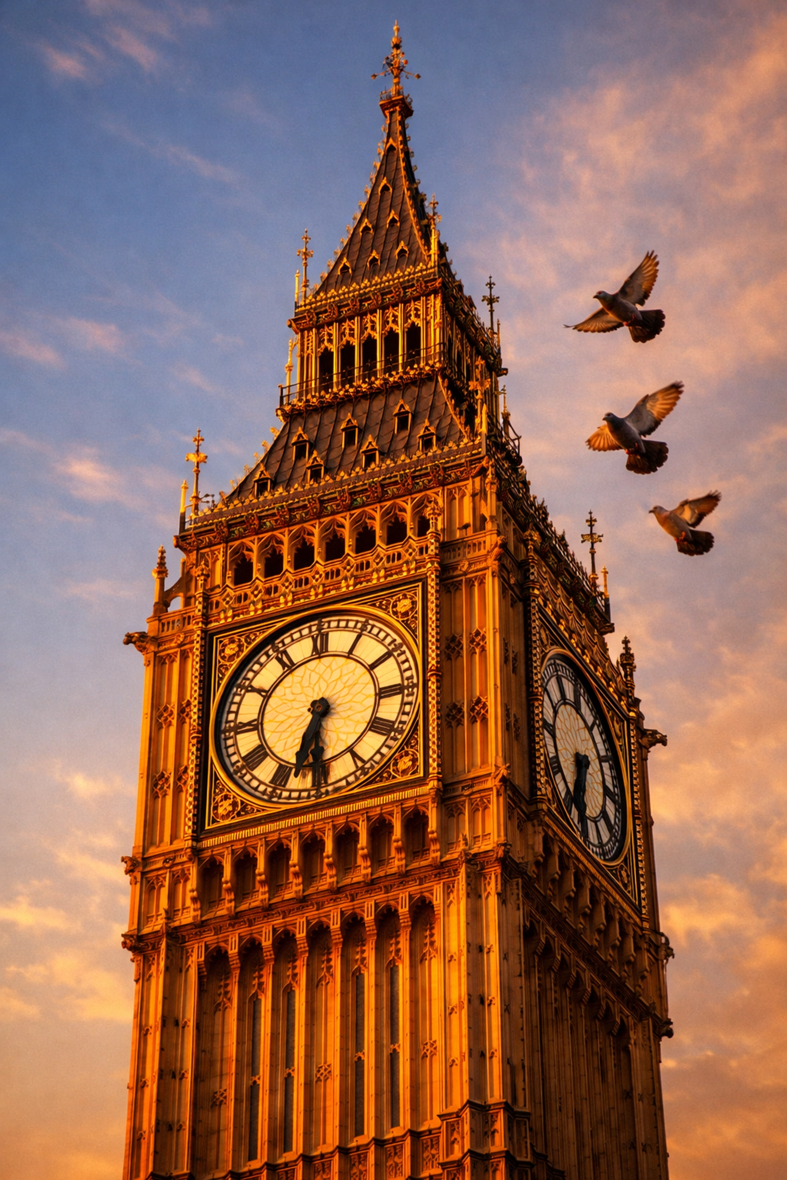The iconic Big Ben clock tower at sunset, representing the precision of current London time.
