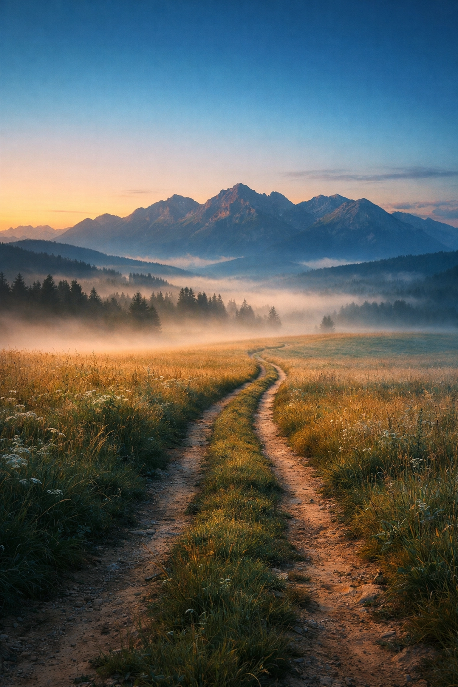 A scenic path through a meadow toward misty mountains, symbolizing a visionary journey to ancestral roots.