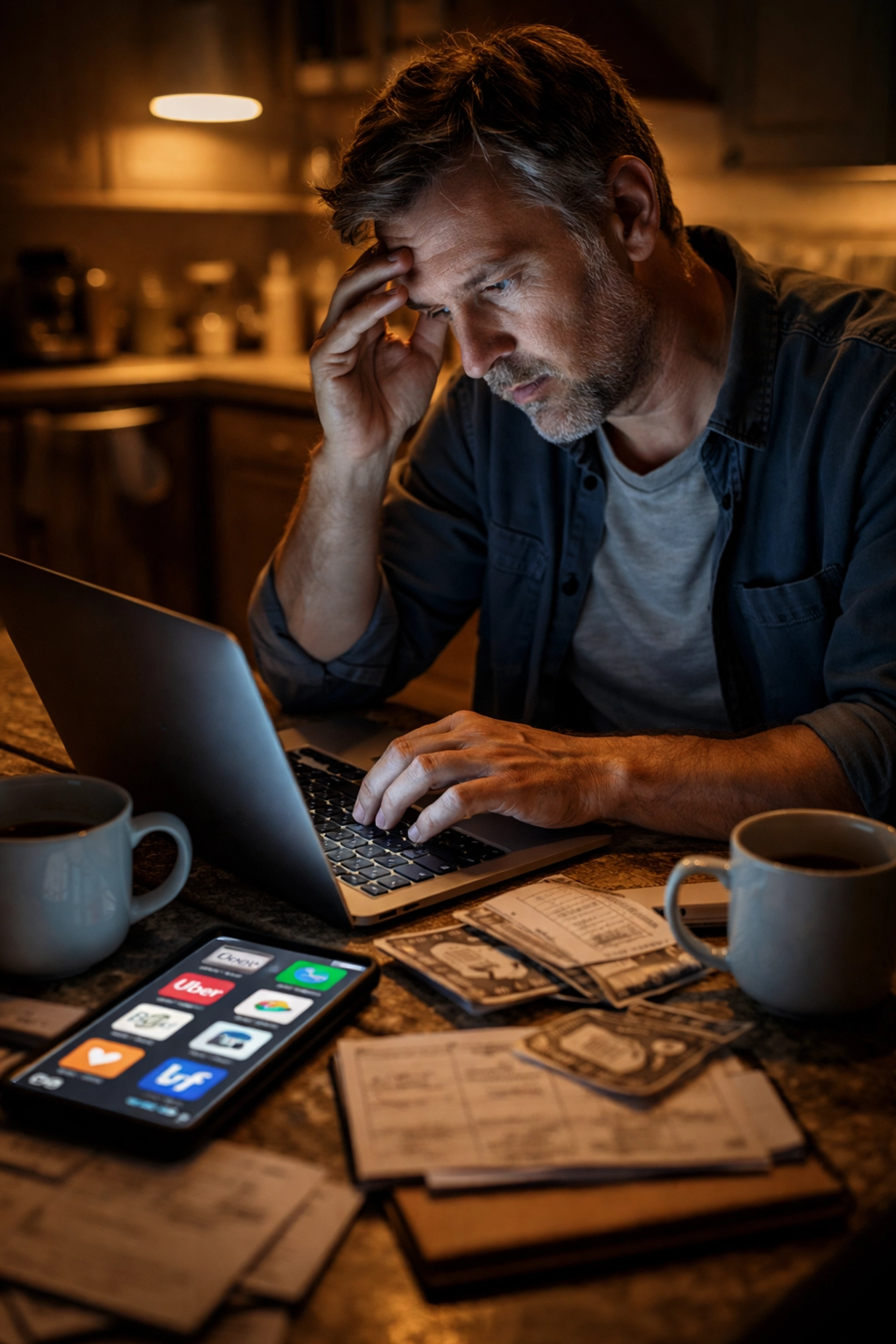 A middle-aged man surrounded by coffee cups and bills works late at his kitchen table, juggling gig economy jobs.