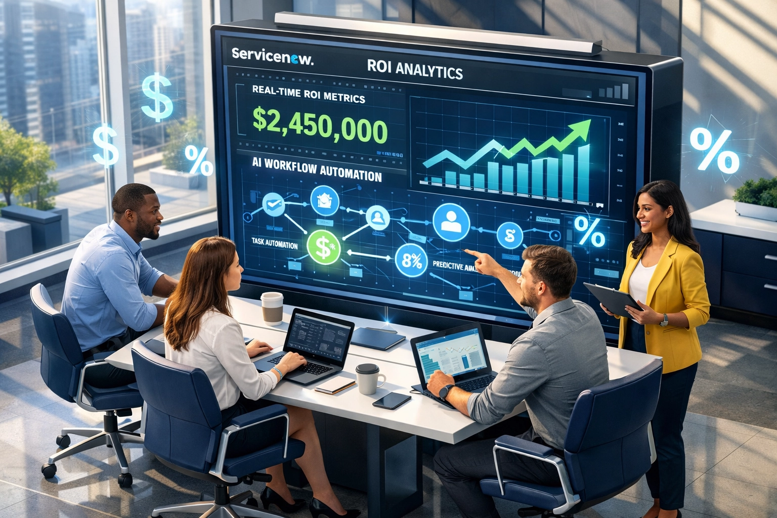 ServiceNow ROI dashboard showing implementation metrics and cost optimization for US market