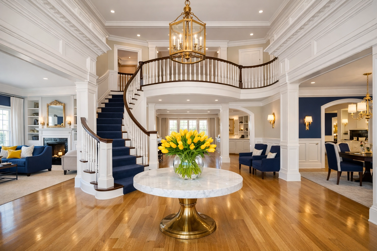 Detailed Hingham estate cleaning results in a luxury foyer with polished floors and crown molding.