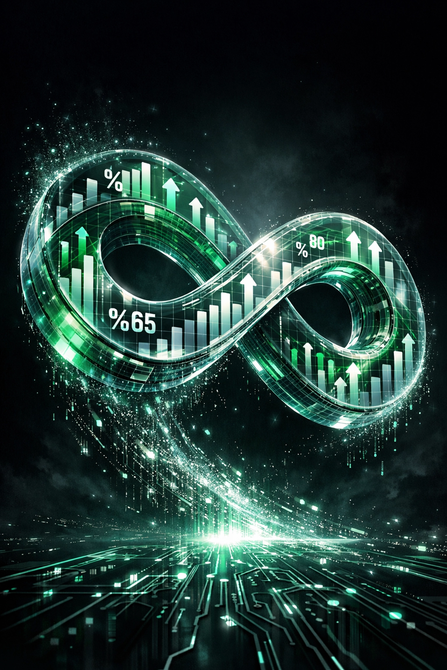 Glowing infinity loop with financial charts illustrating a scalable automated business model.