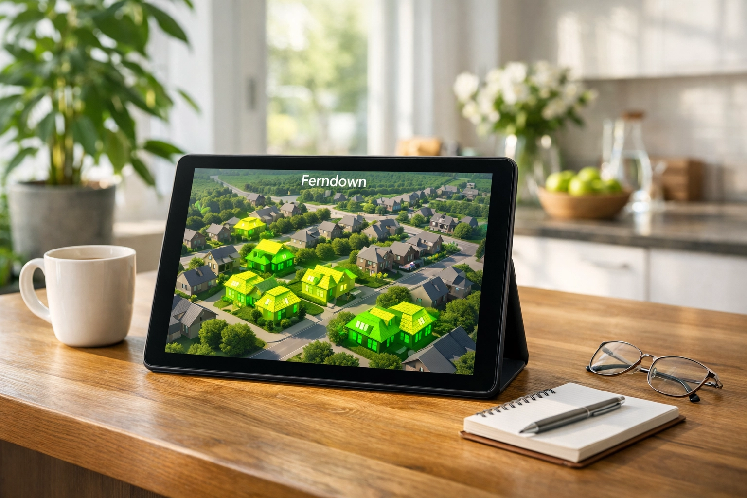 Planning solar installation in Ferndown using a digital architectural map for energy potential.