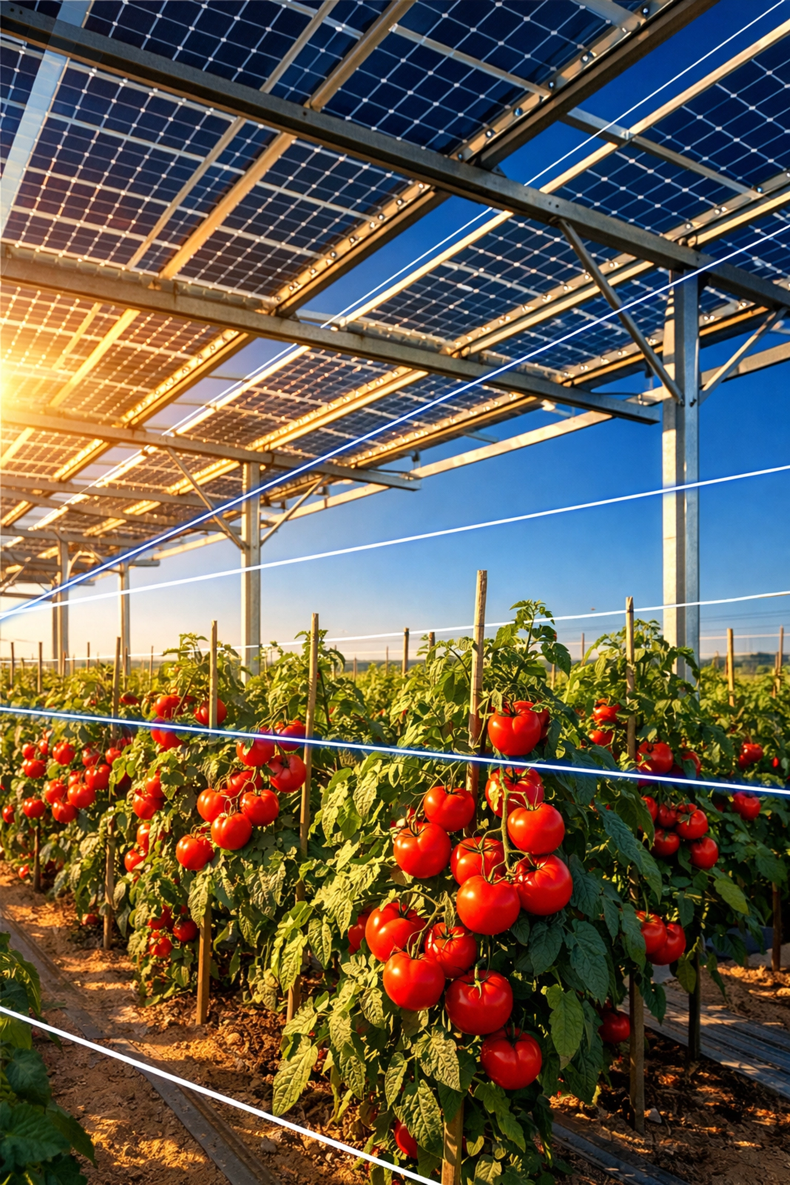 Agrivoltaïsme en Tunisie : récolte de tomates protégée par des panneaux solaires photovoltaïques.