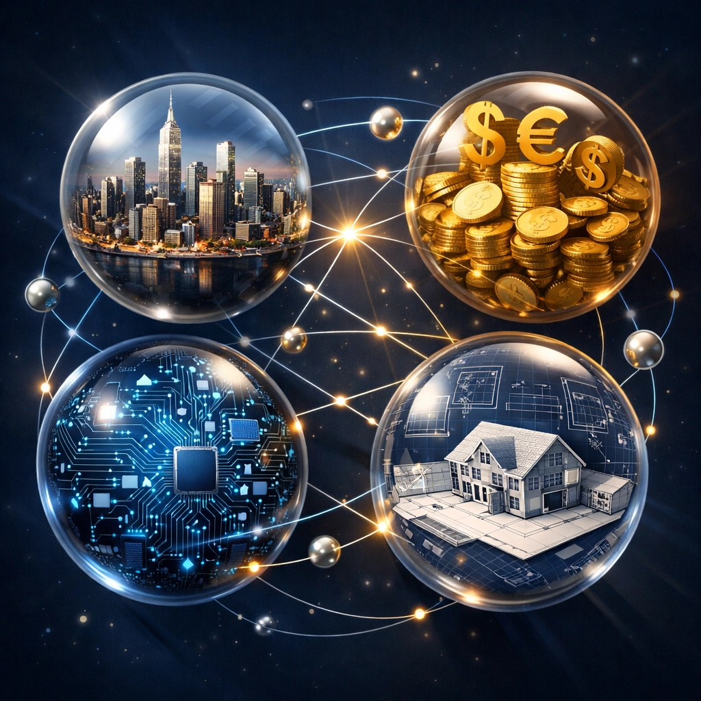Interconnected investment spheres representing private equity diversification across real estate, crypto, and alternative assets