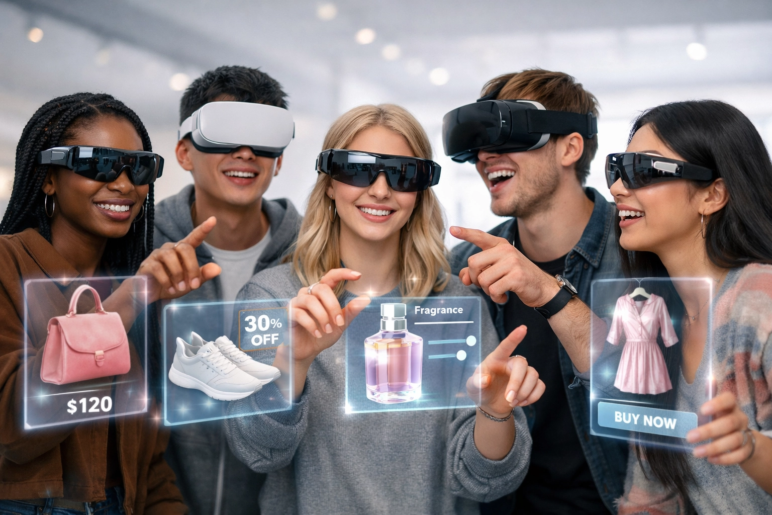 Gen Z shoppers using VR headsets and AR glasses for immersive metaverse shopping experience
