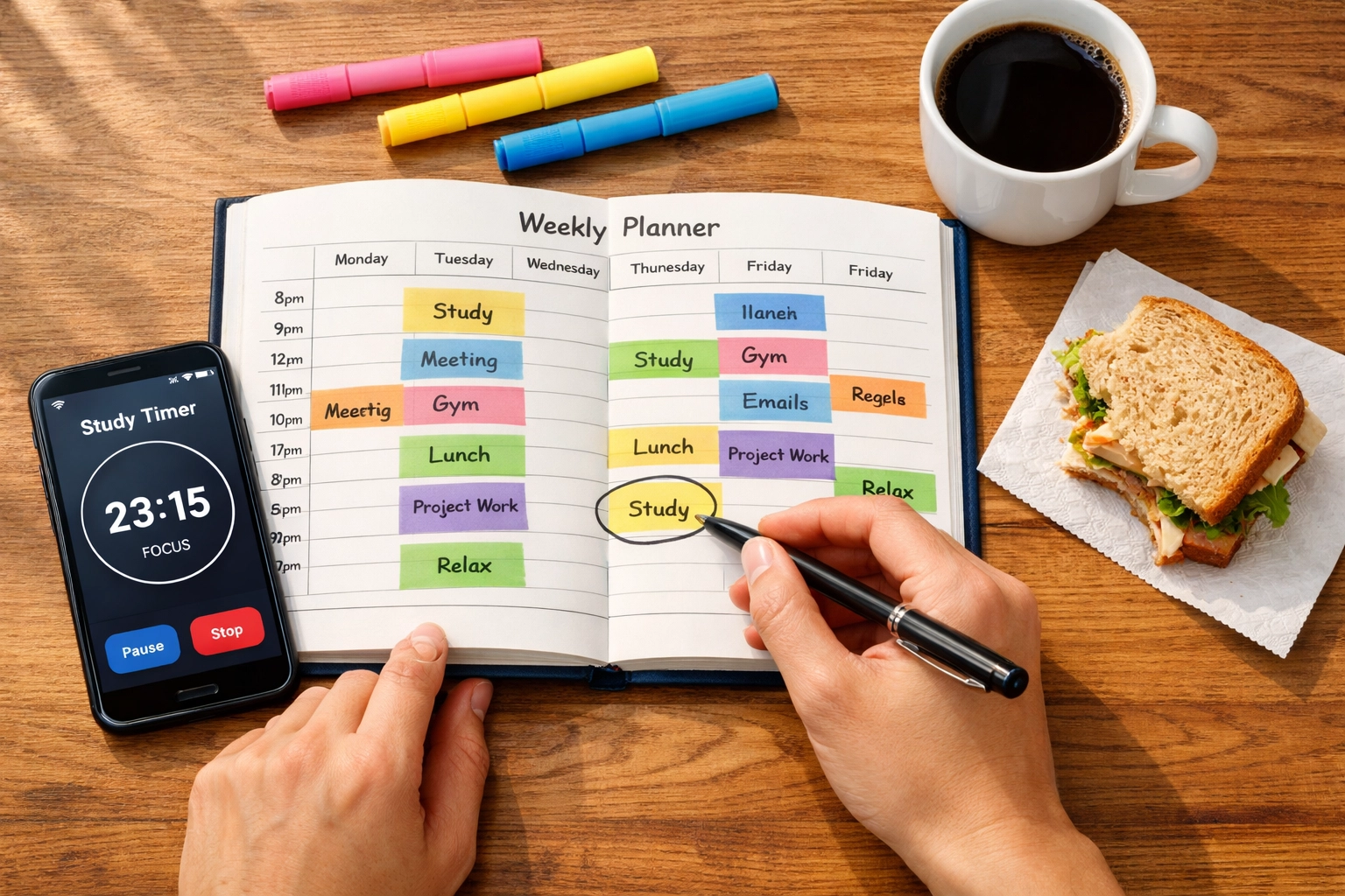 Weekly planner showing scheduled study blocks for CLEP exam preparation while working full-time