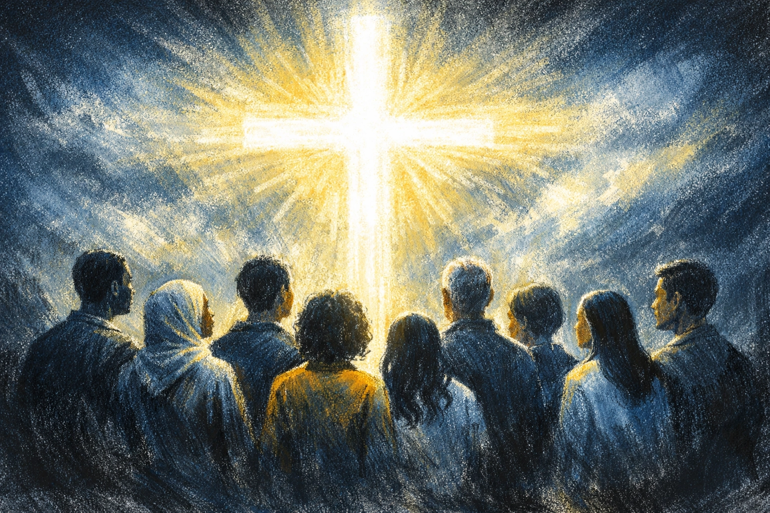 Diverse believers standing together before illuminated cross, representing salvation through Jesus Christ