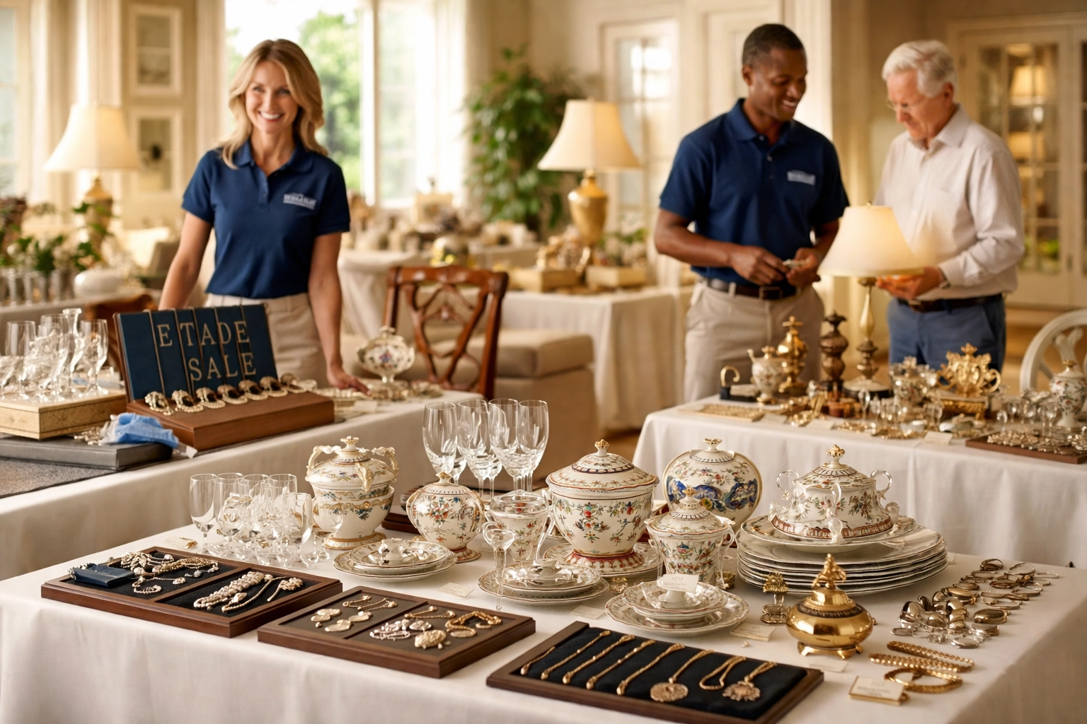 Professional estate sale setup with vintage items and friendly Caring Transitions staff, illustrating expert estate sales and online auctions.