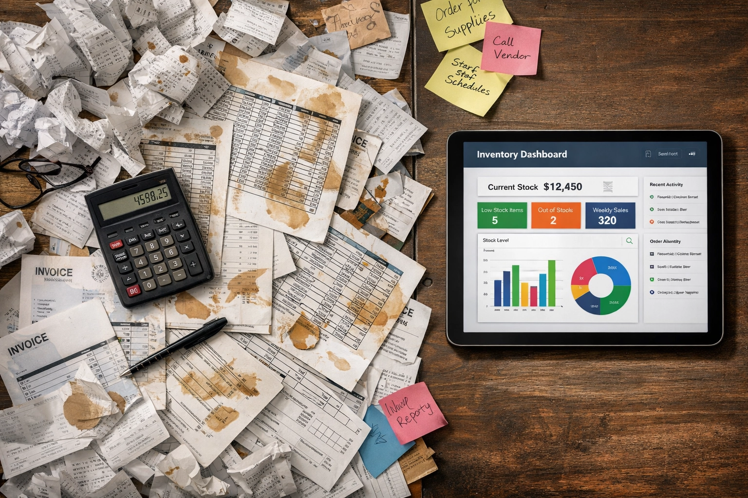 Messy restaurant desk with spreadsheets contrasted with digital inventory management software