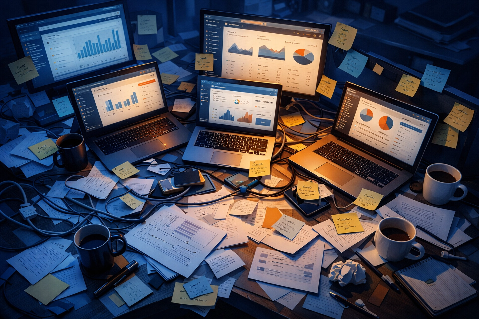 Can Custom Software Development Really Help You Scale? Find Out What 50+ SMBs Learned 2 Chaotic desk with multiple software systems showing business process automation bottlenecks for SMBs