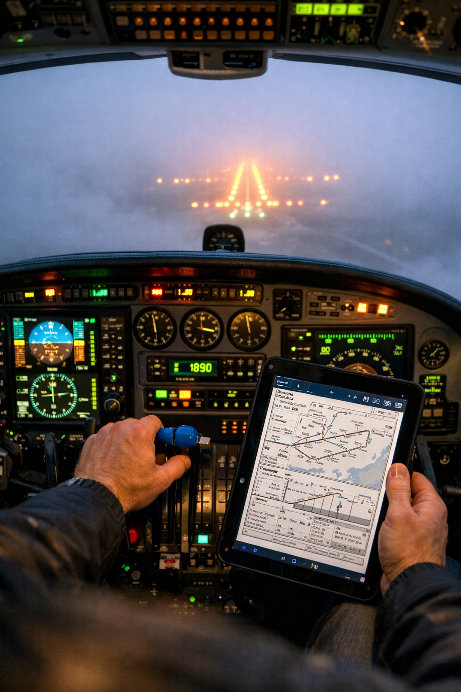 Multi-engine cockpit view during an instrument approach with digital flight charts.