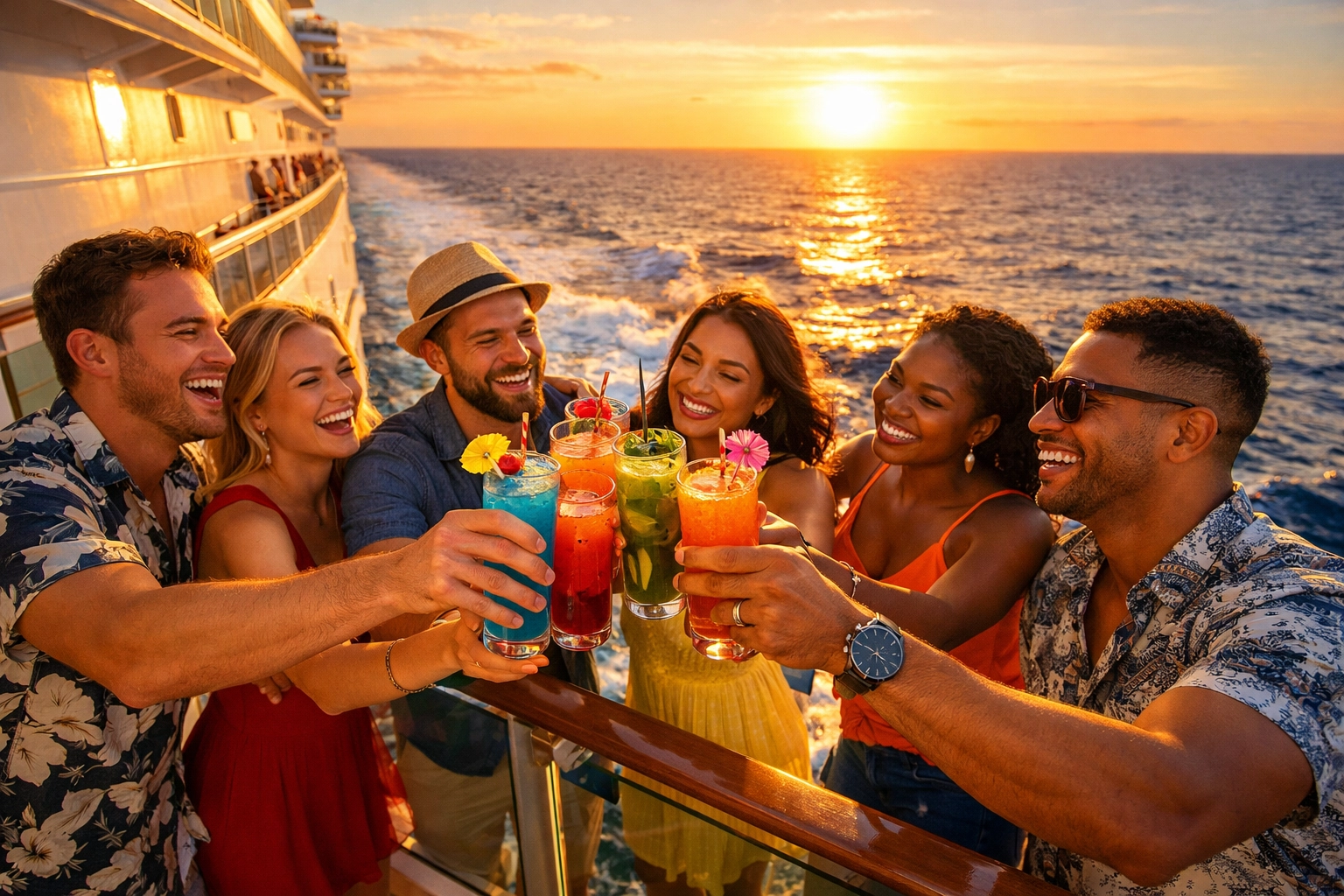 Group of friends clinking cocktails on a ship balcony, discovering the best cruise lines for groups.