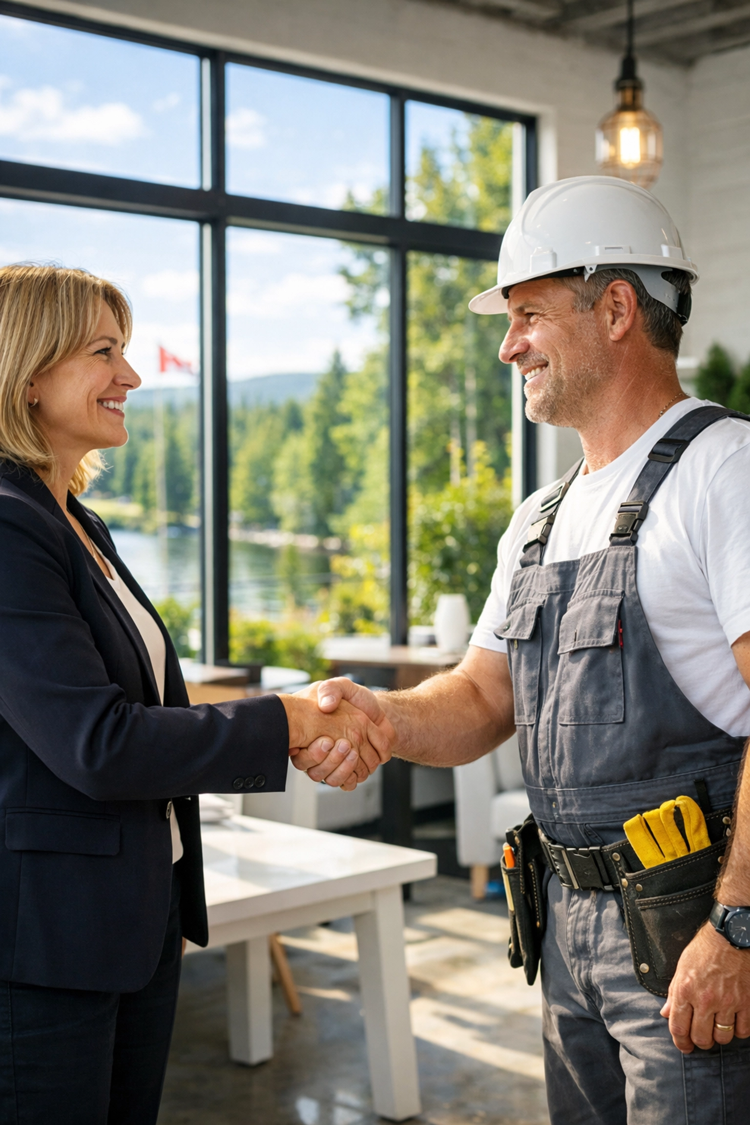 A local contractor shaking hands with a web developer to build a successful community partnership.