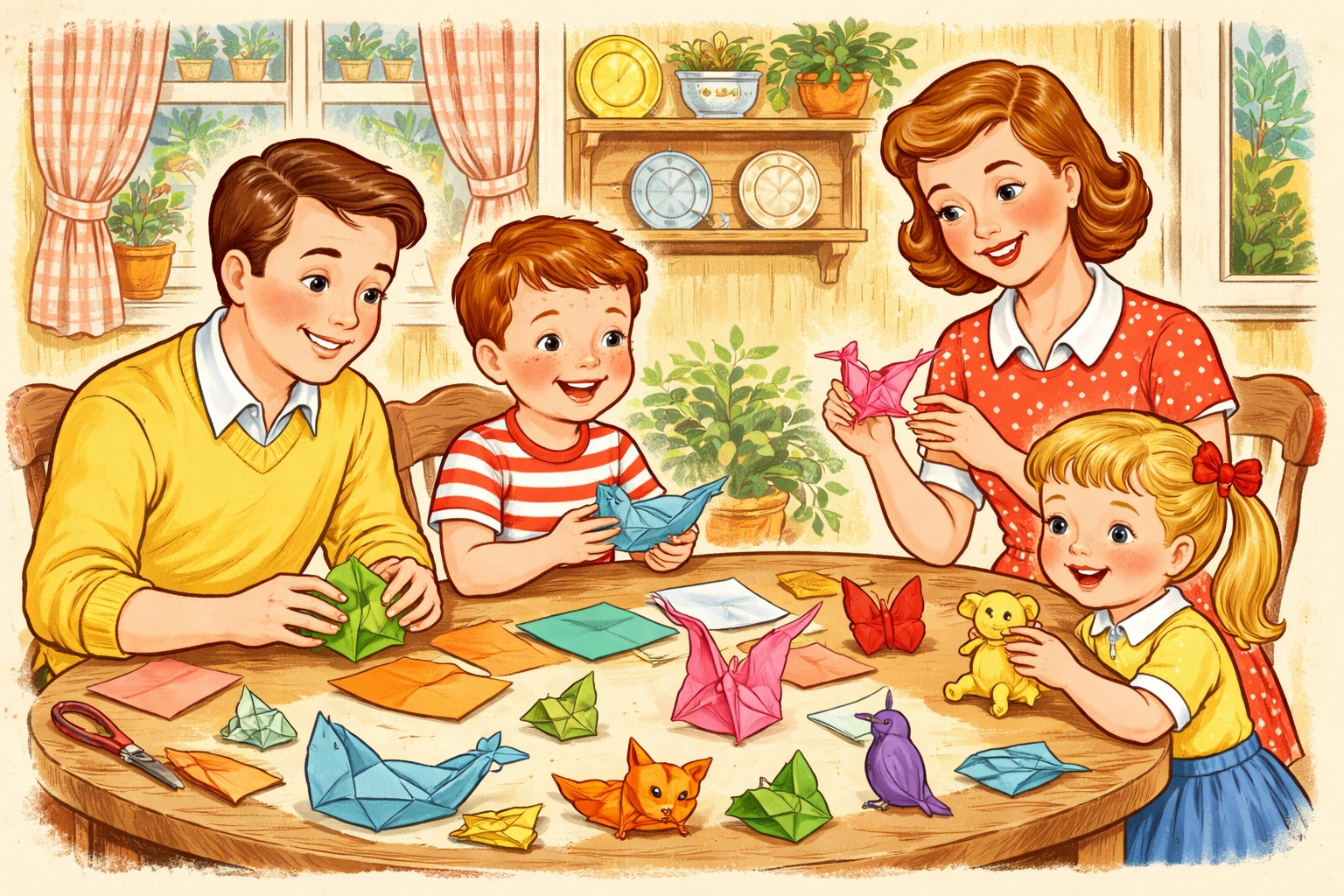 Family smiling and making paper animals together during an easy origami activity for kids