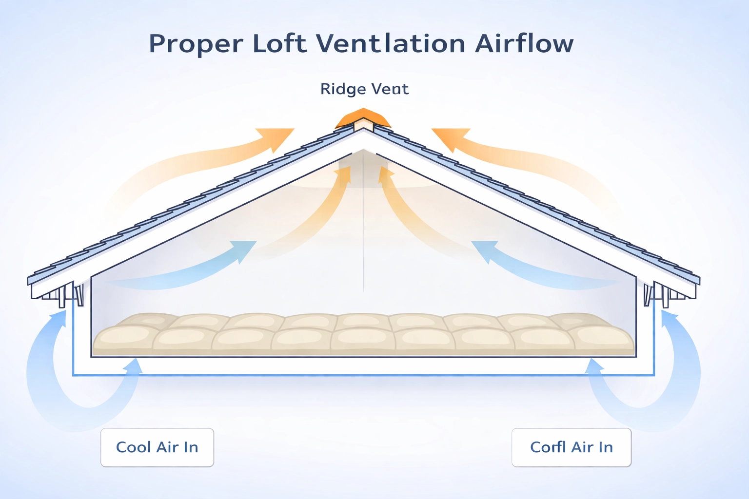 Cross-section of a pitched roof showing ideal loft ventilation airflow, depicting intake and exhaust vent balance