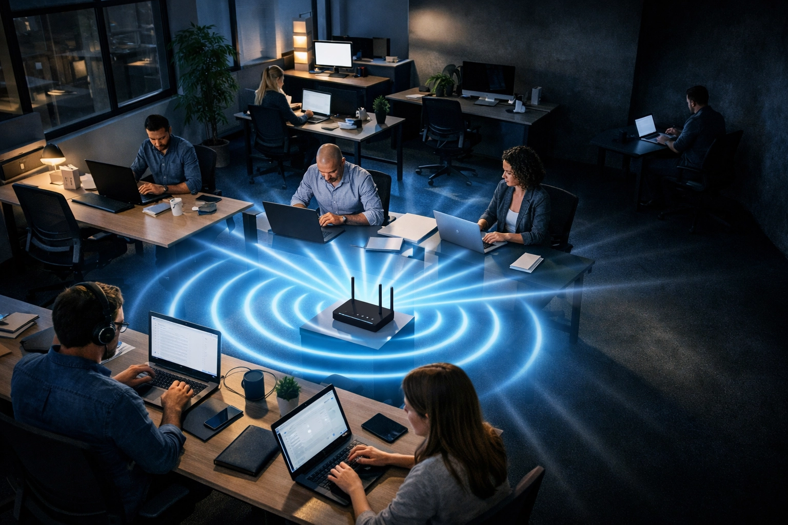 Office workspace showing Wi-Fi dead zones and poor network coverage areas