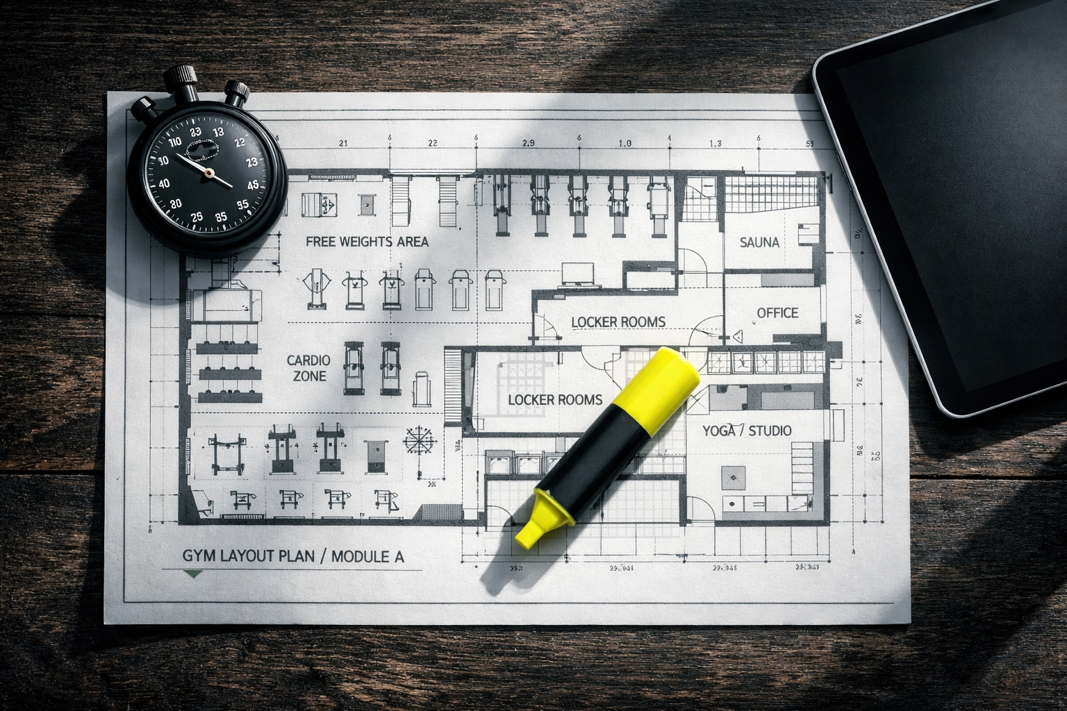Fitness business growth architecture blueprint and metrics modules on a professional workspace desk.