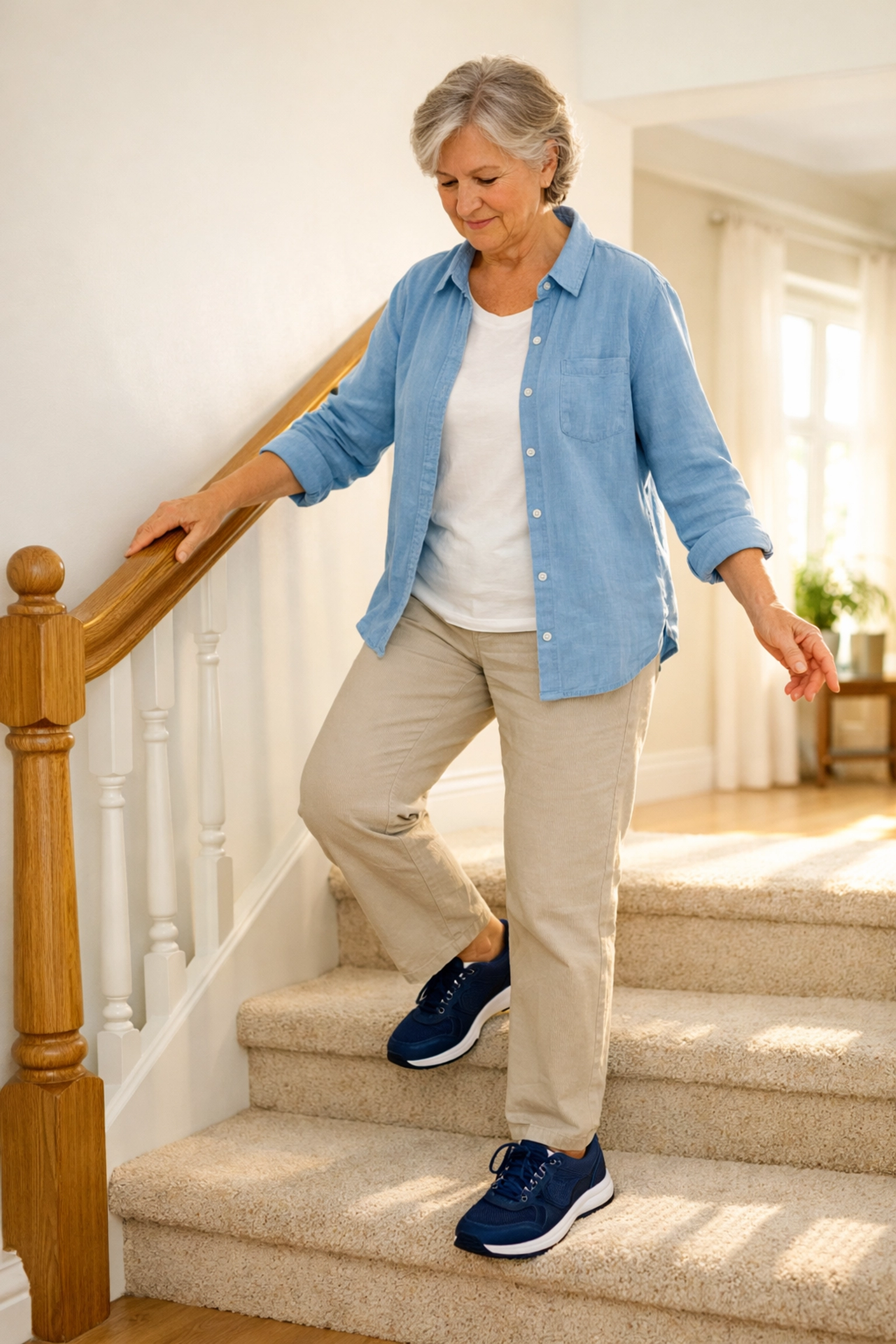 Senior adult safely walking down stairs using a handrail and wearing proper non-slip footwear.
