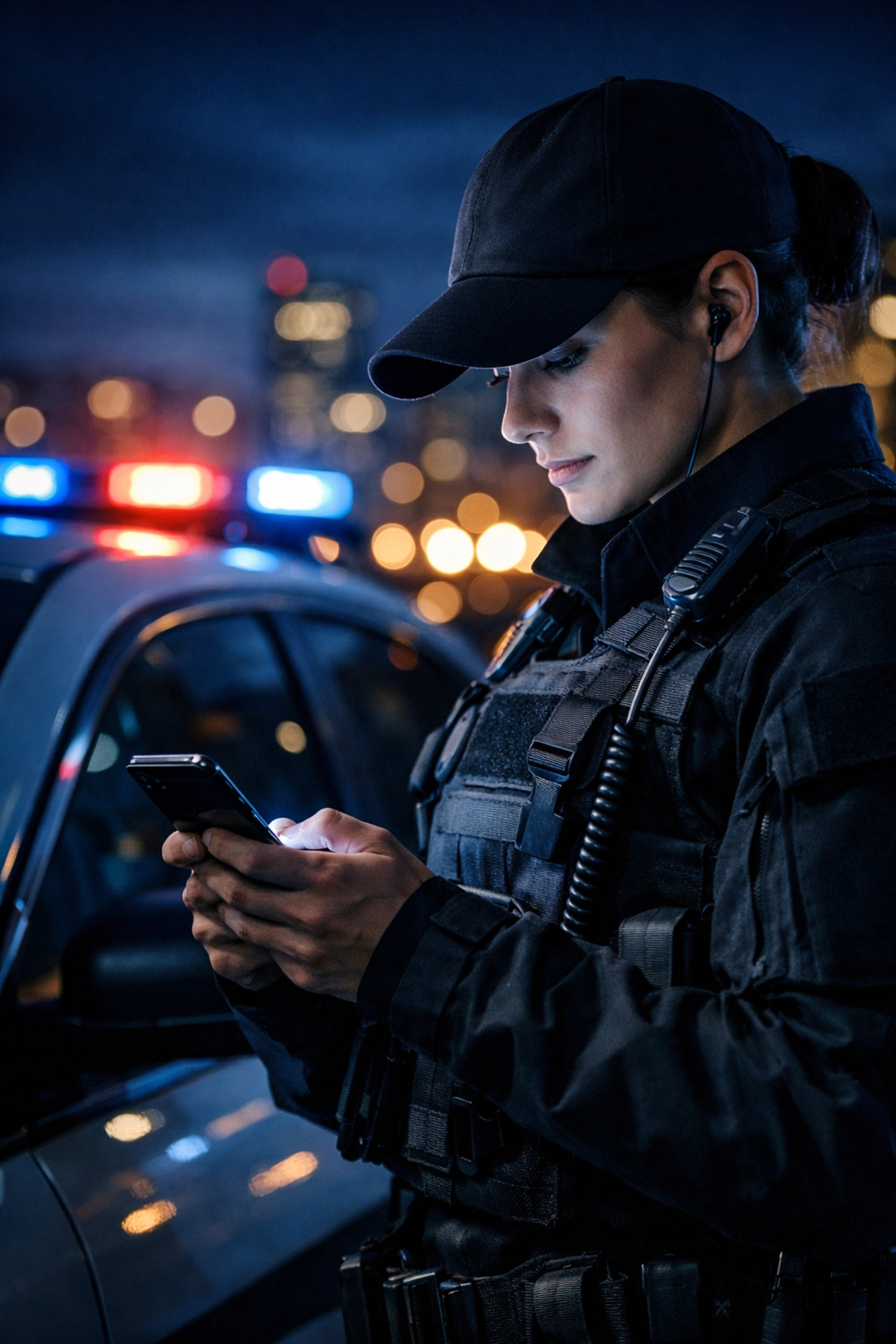 Police officer using a smartphone by a patrol car, highlighting mobile solutions for the police staffing crisis.