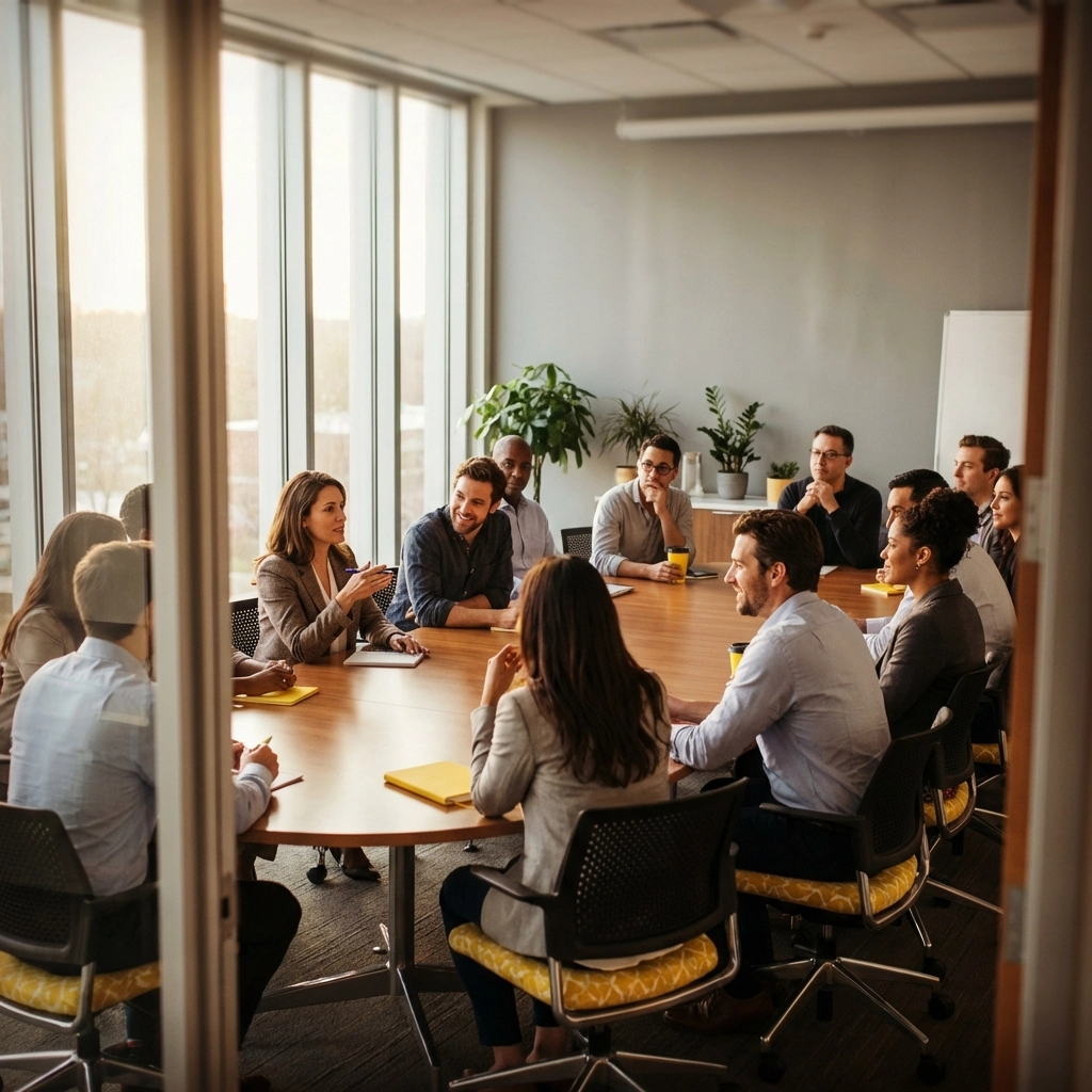 MSP peer group meeting with diverse business owners engaged in discussion around a conference table, highlighting collaborative MSP growth strategies.