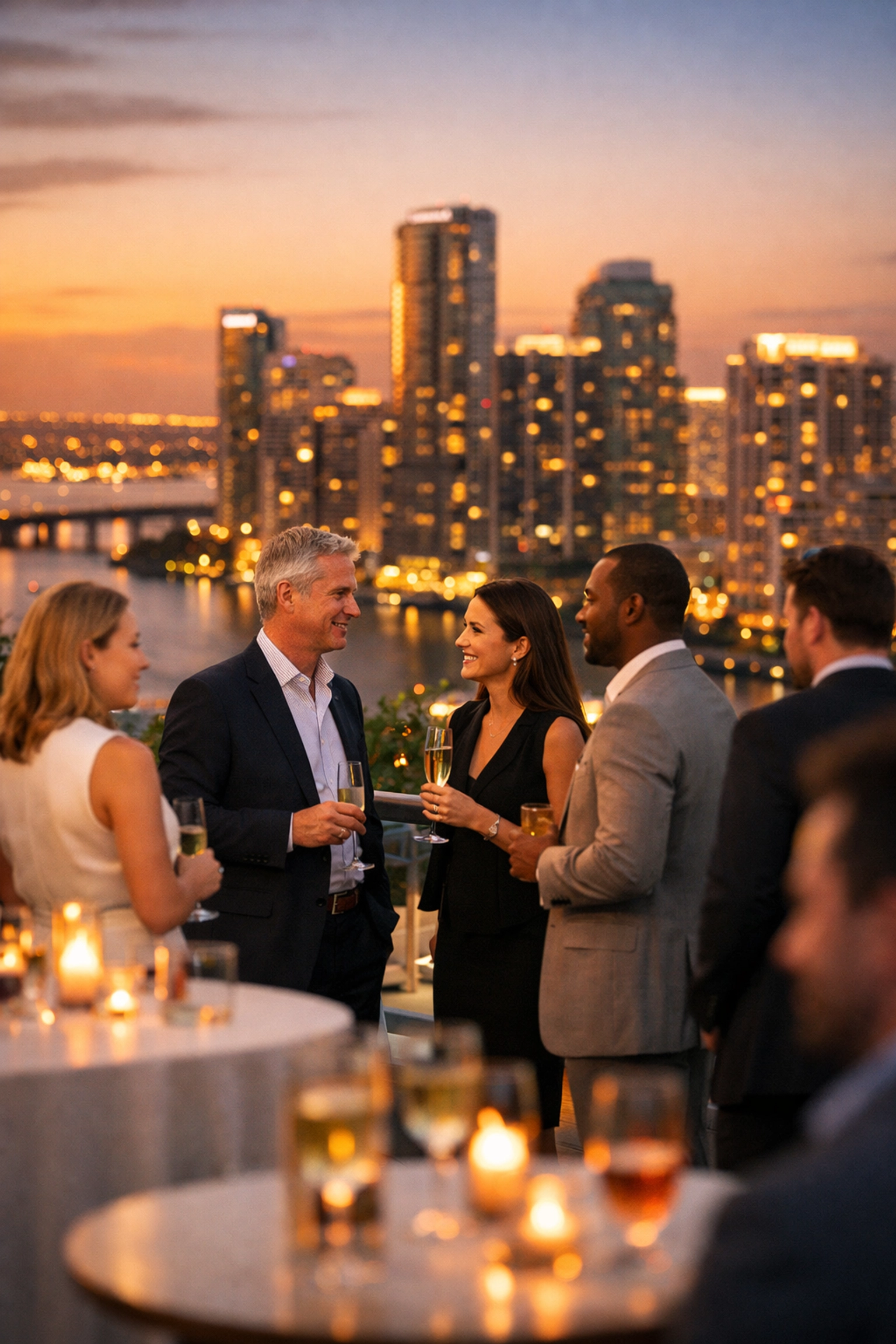 Miami event photography showcasing a luxury corporate cocktail reception on a Brickell rooftop at sunset.