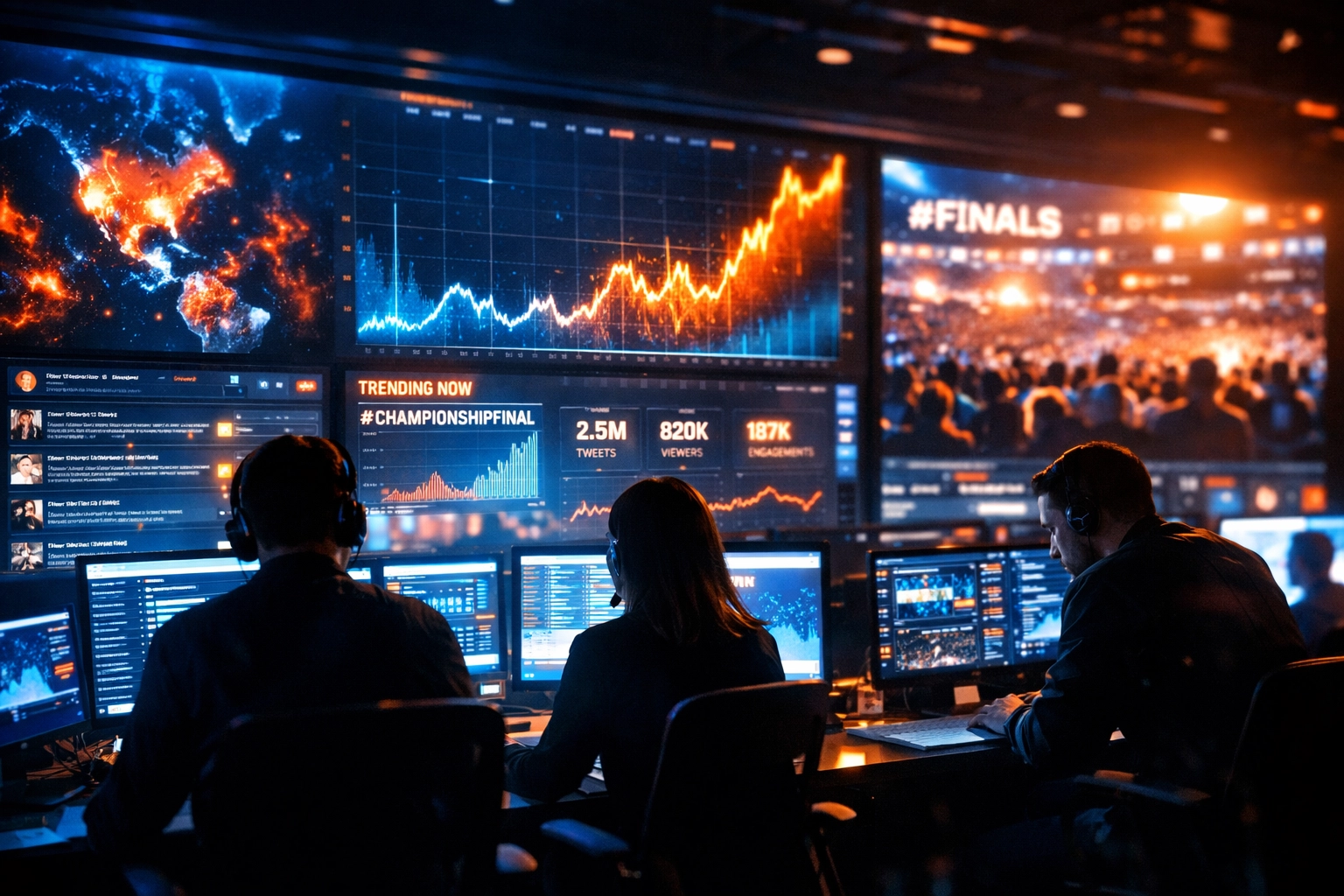 Digital marketing analysts monitoring real-time fan sentiment and data analytics in a high-tech war room.