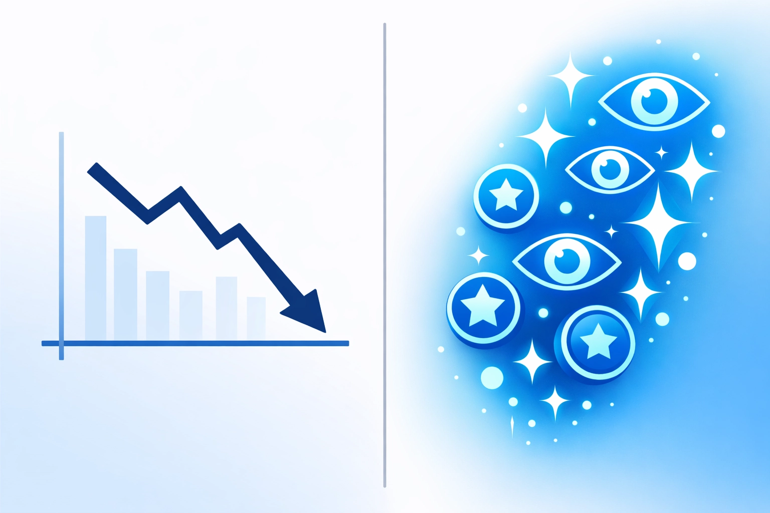 Comparison of declining website traffic metrics versus increasing brand visibility indicators