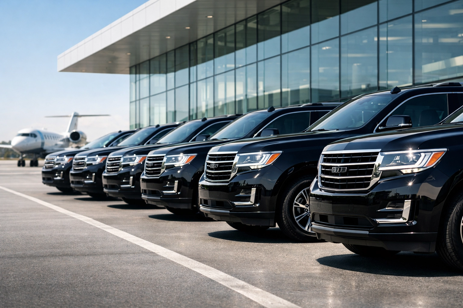 Fleet of black luxury SUVs for Super Bowl corporate transportation at a private terminal.