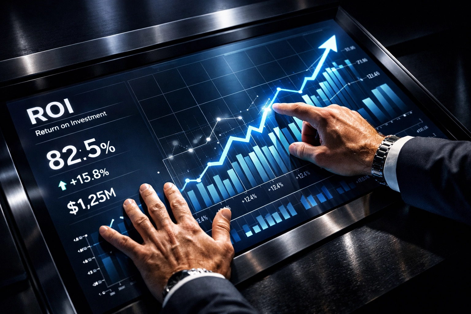 Business leader reviewing upward trending ROI graphs and performance metrics on touchscreen display