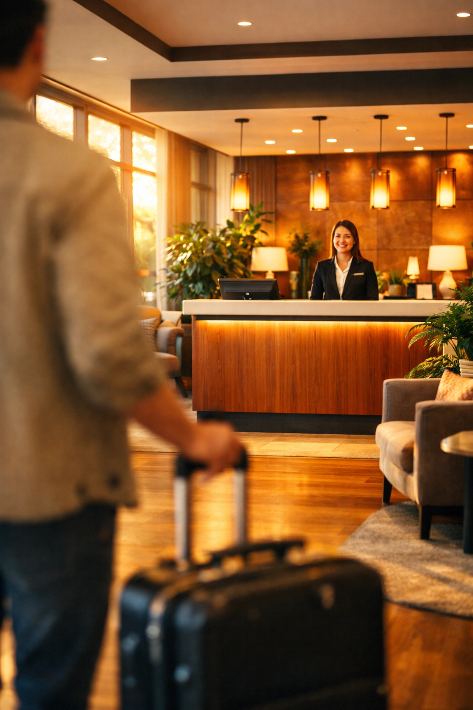 Modern hotel lobby welcoming guest with luggage arriving for seamless check-in