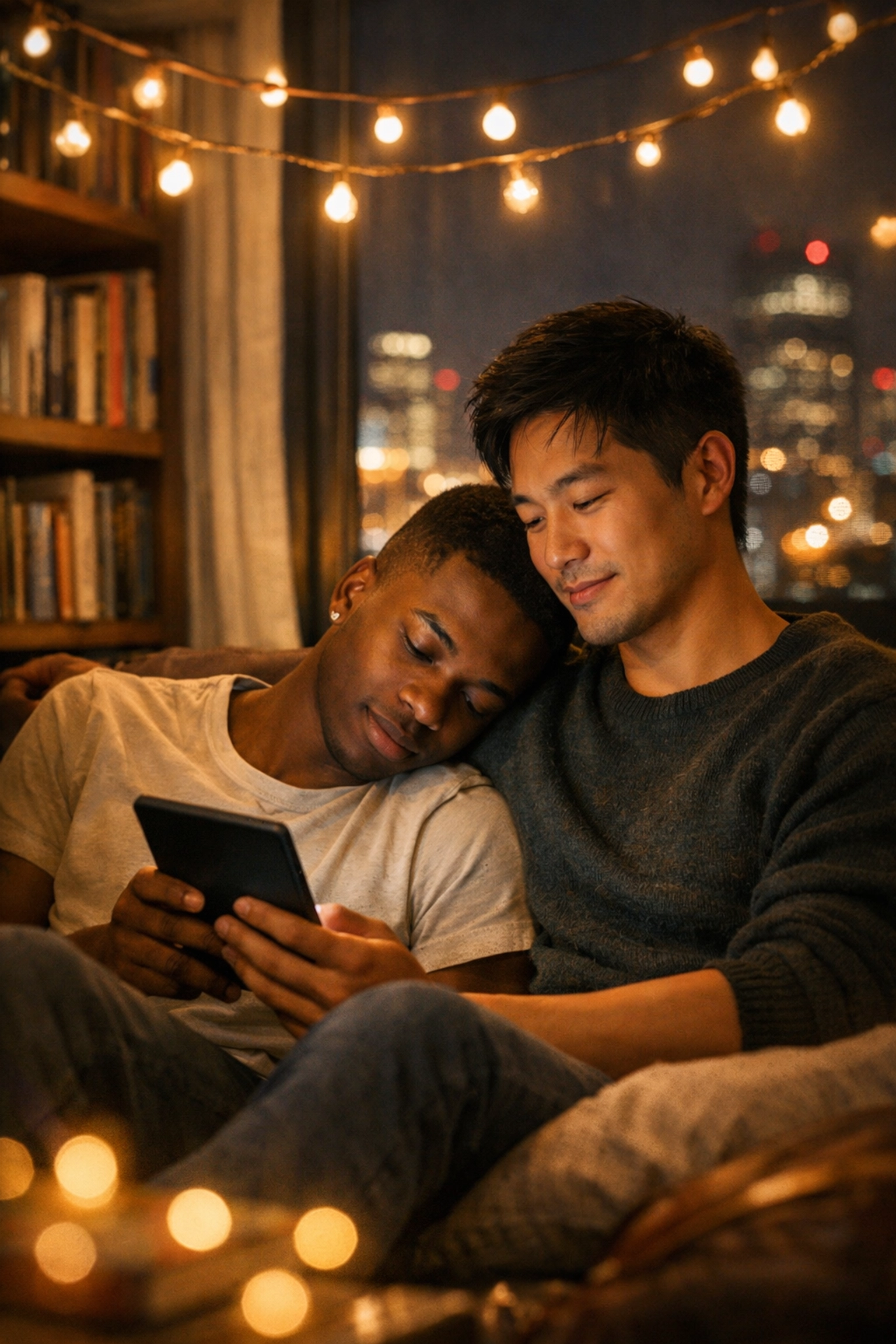 Gay couple reading MM romance ebooks together in cozy reading nook with city lights backdrop
