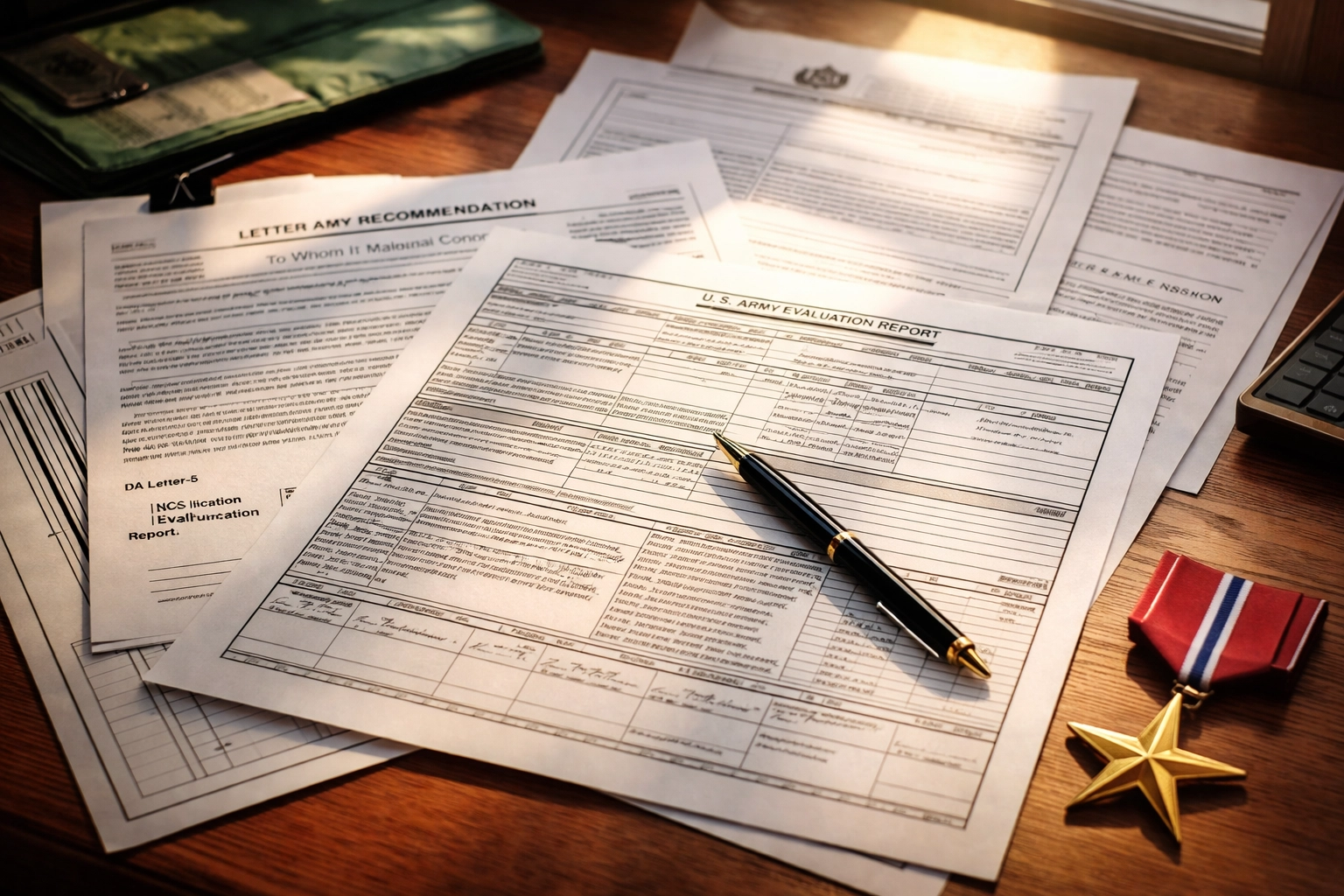 Military paperwork and a Bronze Star medal on a desk, illustrating the Wes Moore Bronze Star controversy