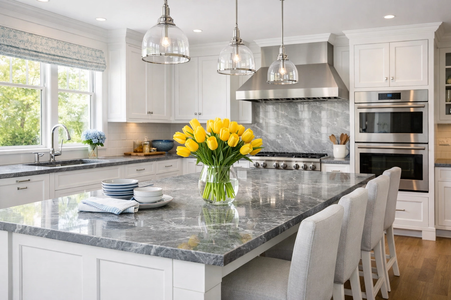 Spotless modern kitchen with white cabinets and marble counters, illustrating luxury house cleaning MA standards.