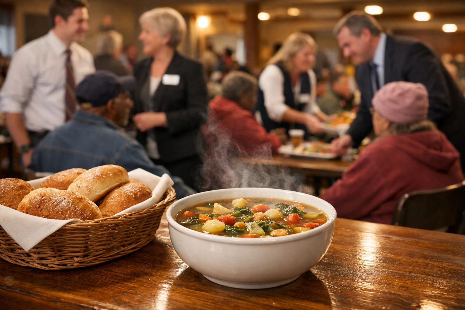 A hot soup meal representing community-based emergency food assistance in NJ and support for rebuilding.