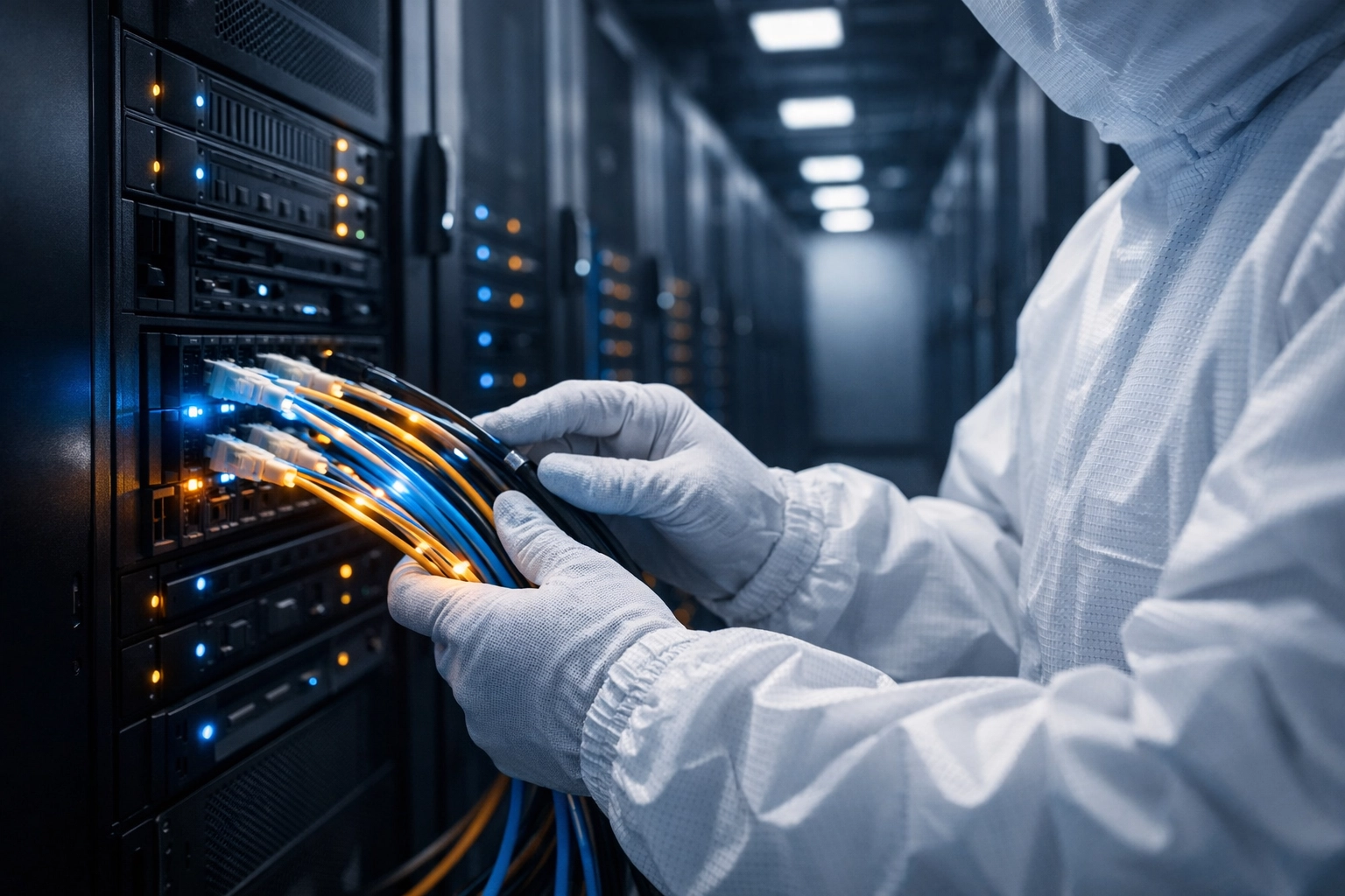 Modern data center server racks and fiber-optic cables essential for scaling global telecommunications infrastructure.