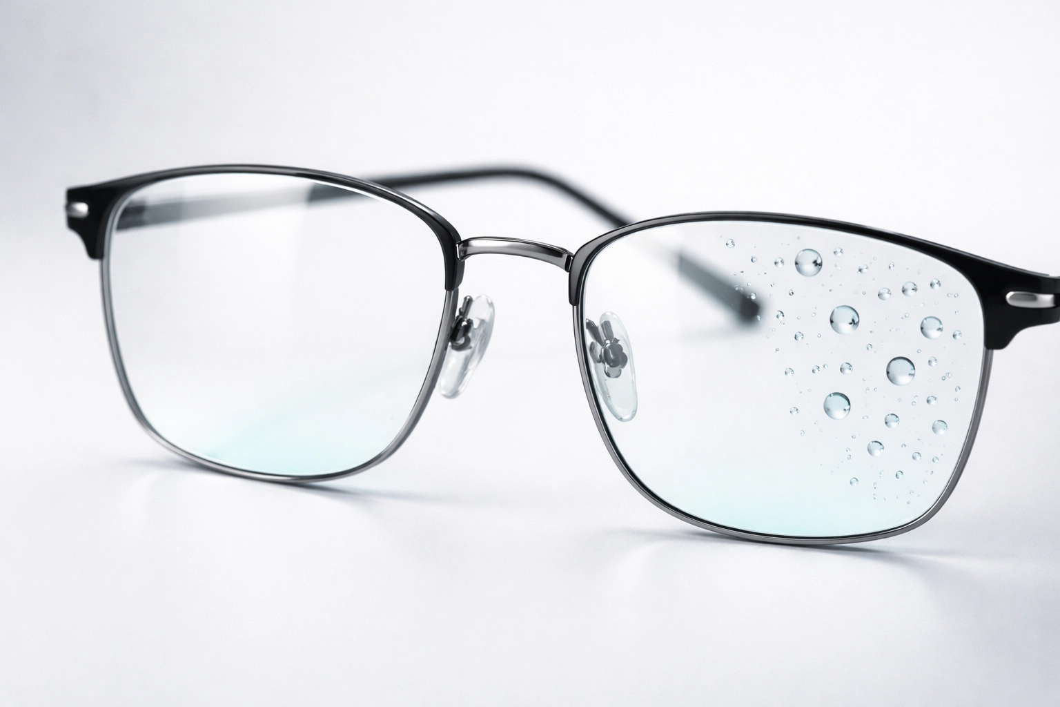 Close-up of premium eyeglasses with anti-reflective coating and crystal-clear lenses on white surface