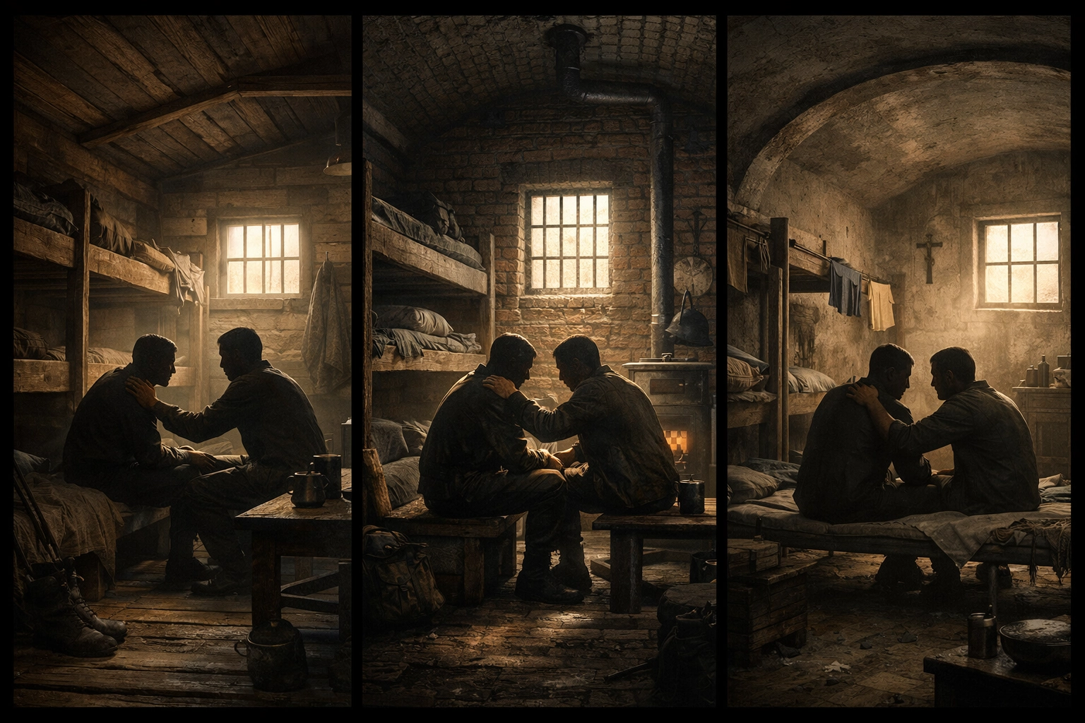 Interior views of British, German, and Italian POW camp barracks during WWII