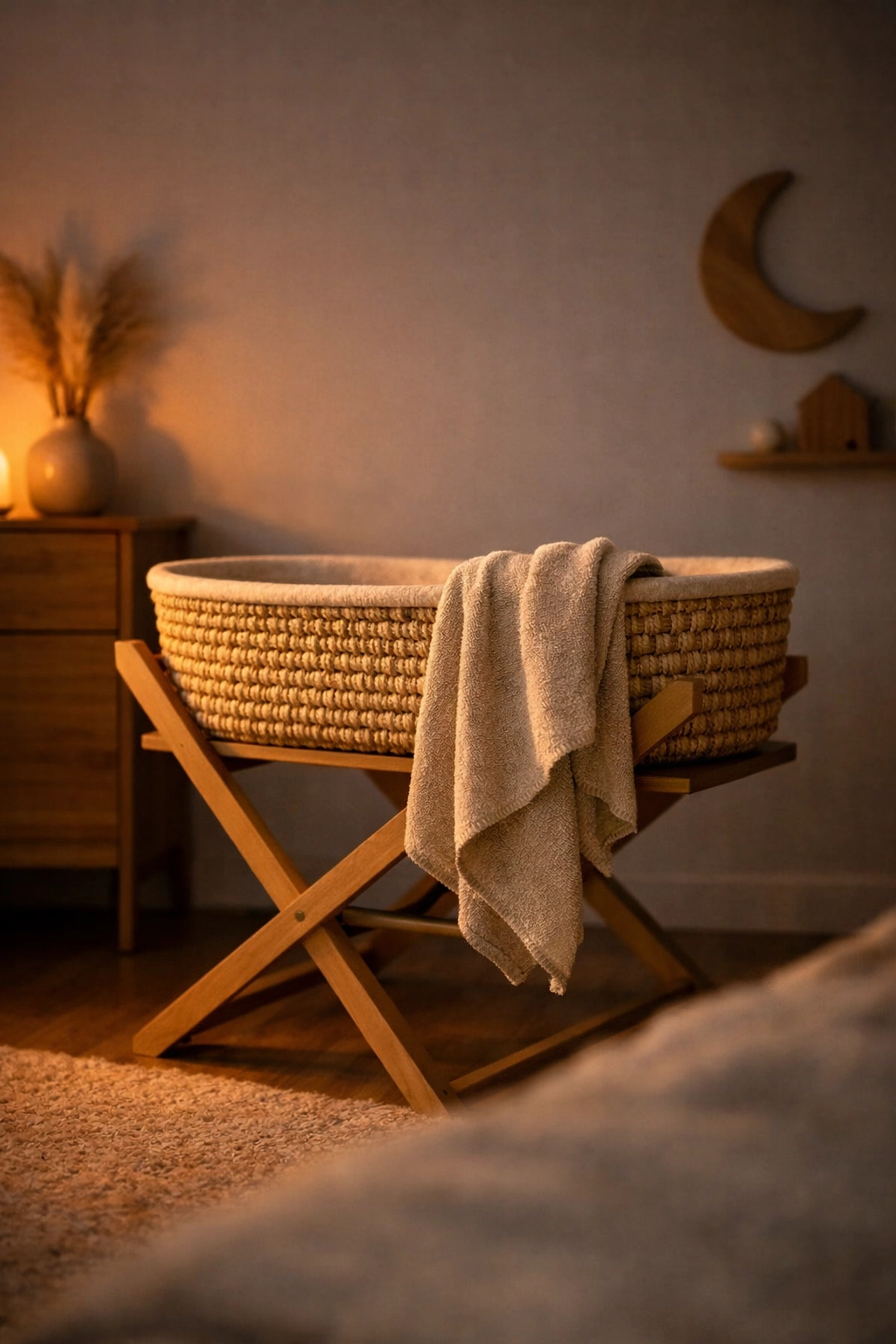 A minimalist woven Moses basket in a quiet nursery corner, illustrating safe sleep practices for a newborn.