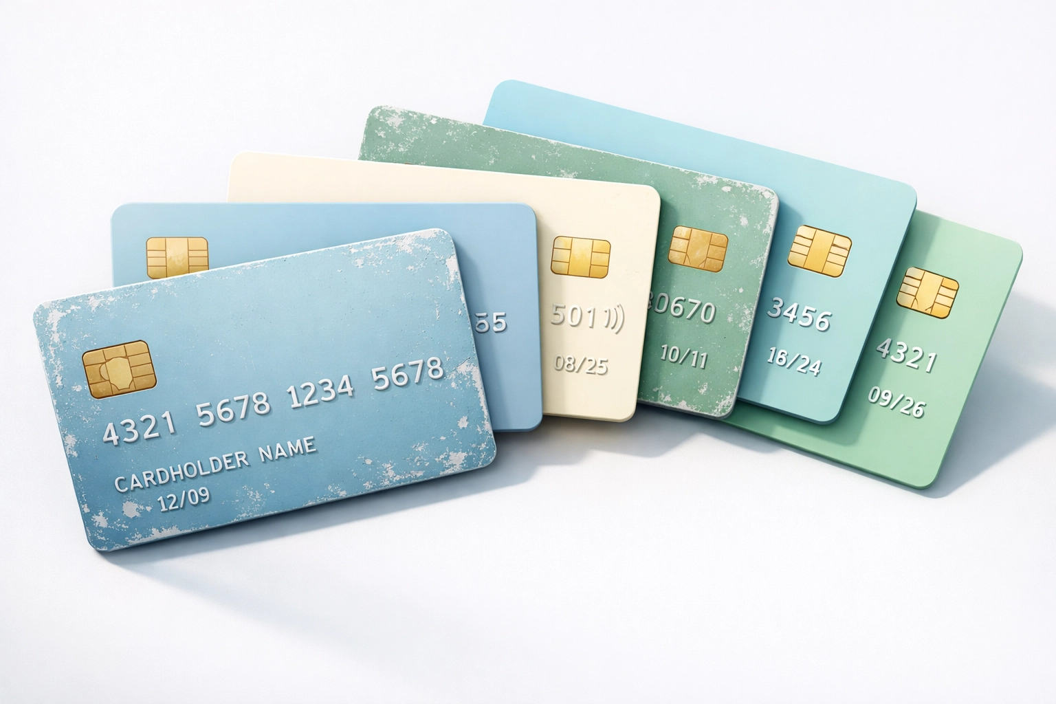Múltiples tarjetas de crédito representando historial crediticio antiguo y nuevo