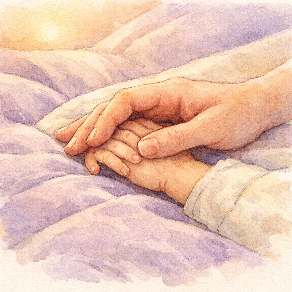 Parent's hand gently holding child's hand on bed during evening bonding time