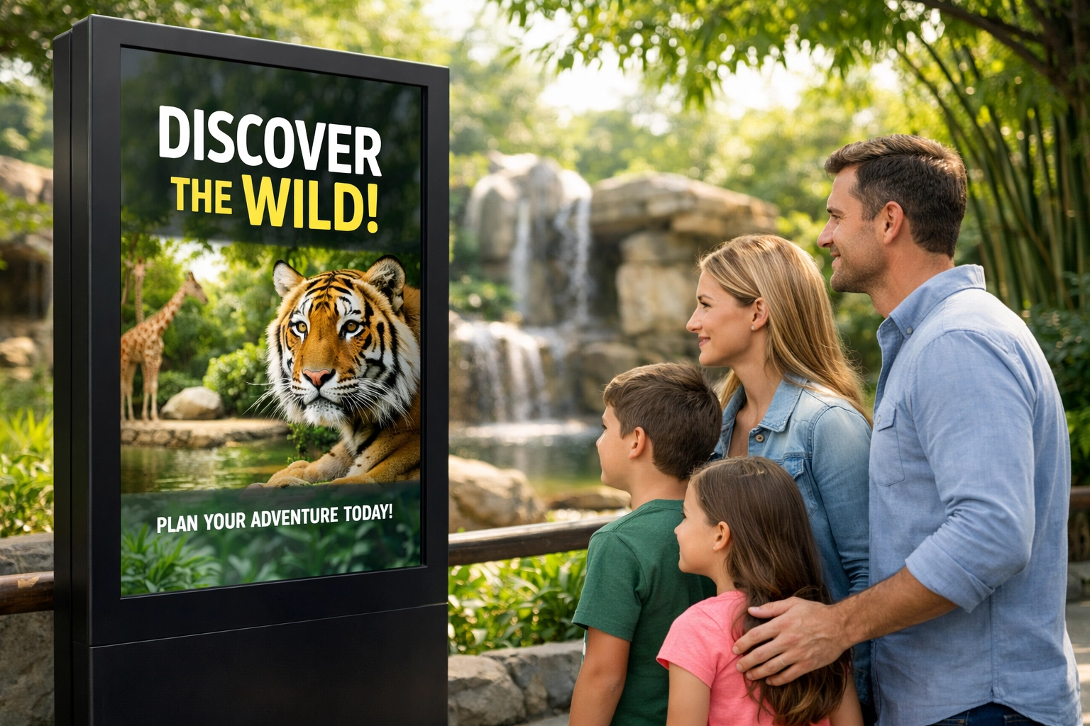 Modern digital signage at a zoo showcasing corporate sponsorship to an engaged suburban family audience.