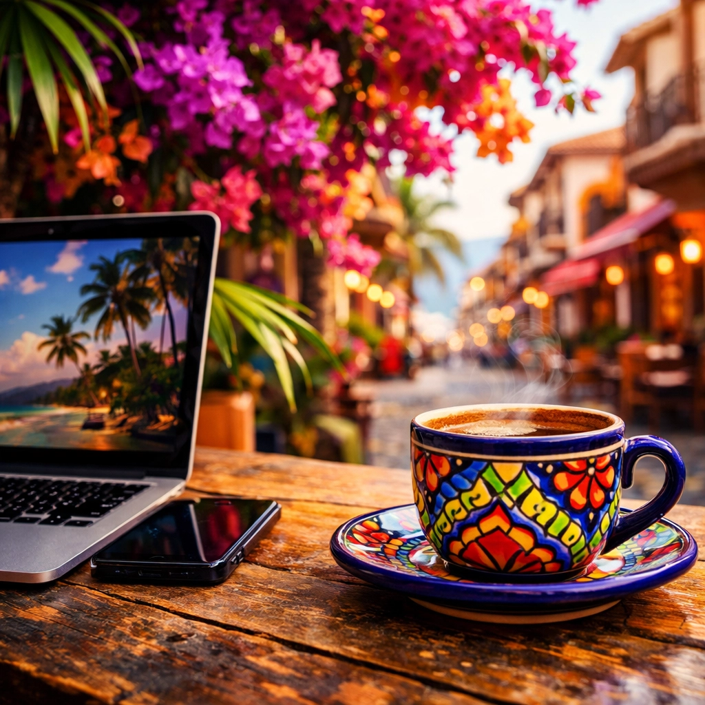 Digital nomad working at outdoor café in Old Town Puerto Vallarta with laptop and coffee