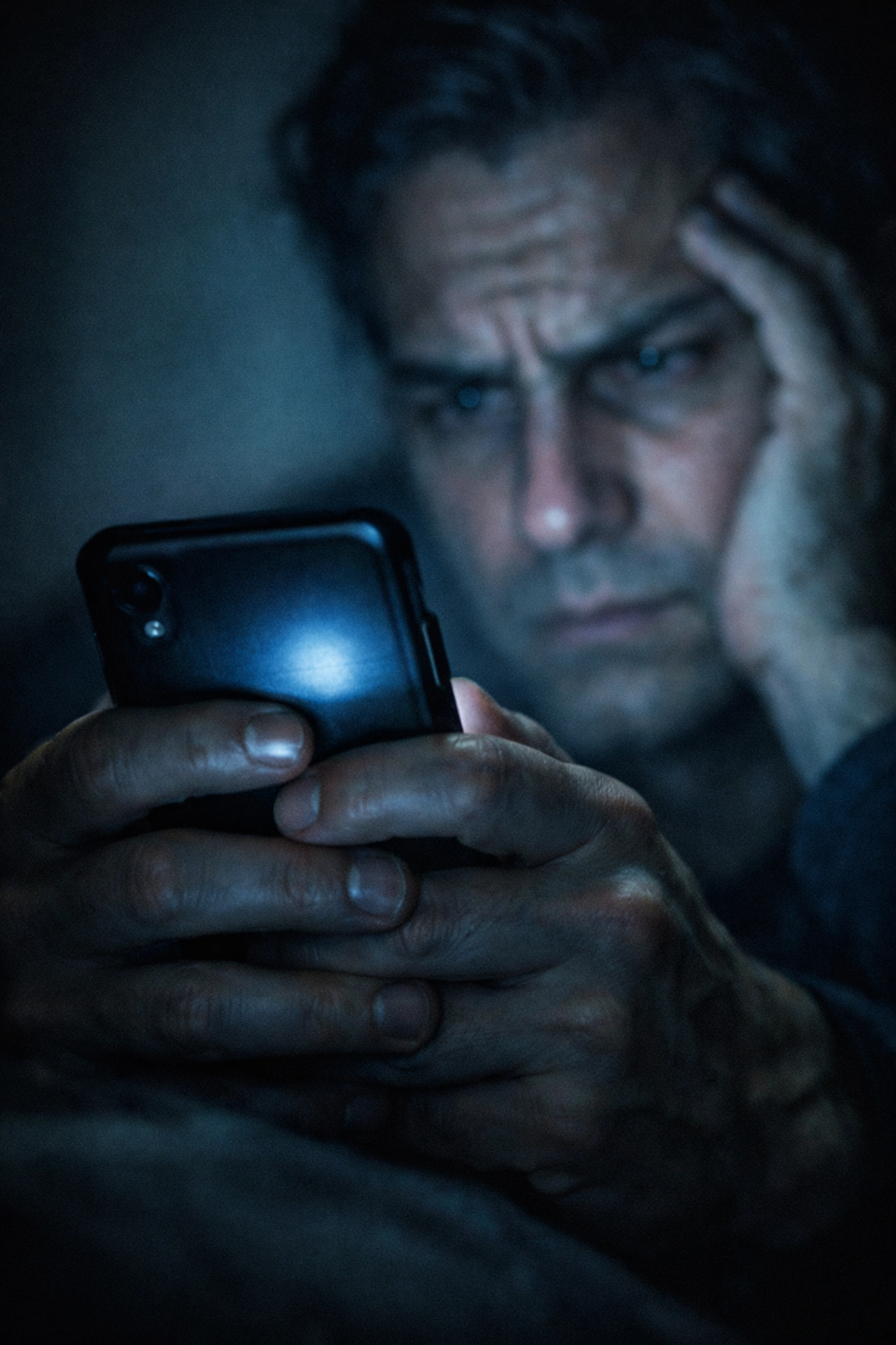 Person anxiously checking phone for news updates in dim lighting showing signs of news anxiety